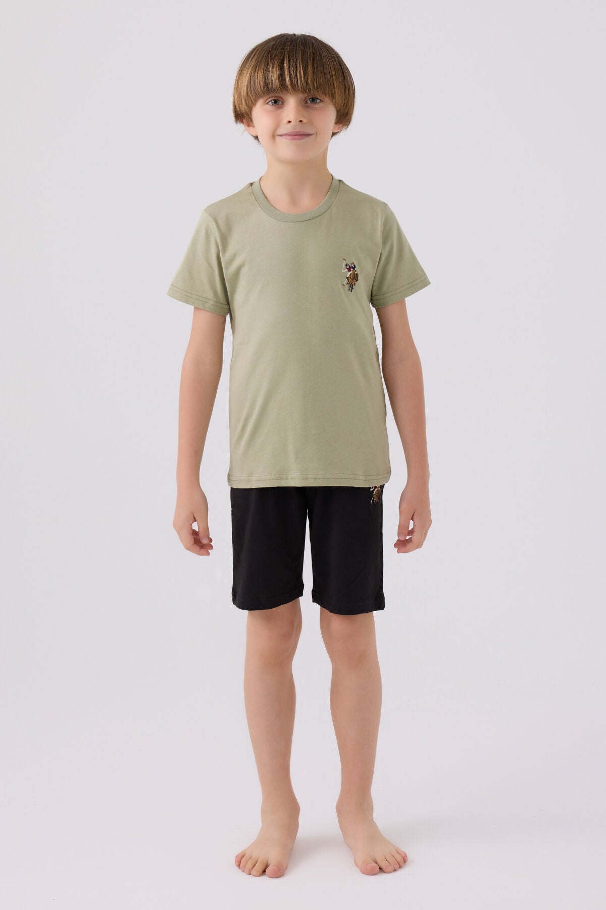 U.S. Polo Assn. Erkek Çocuk Bisiklet Yaka Sargı Nakışlı Yazlık Regular Fit Haki Bermuda Takım US1391-C-V10