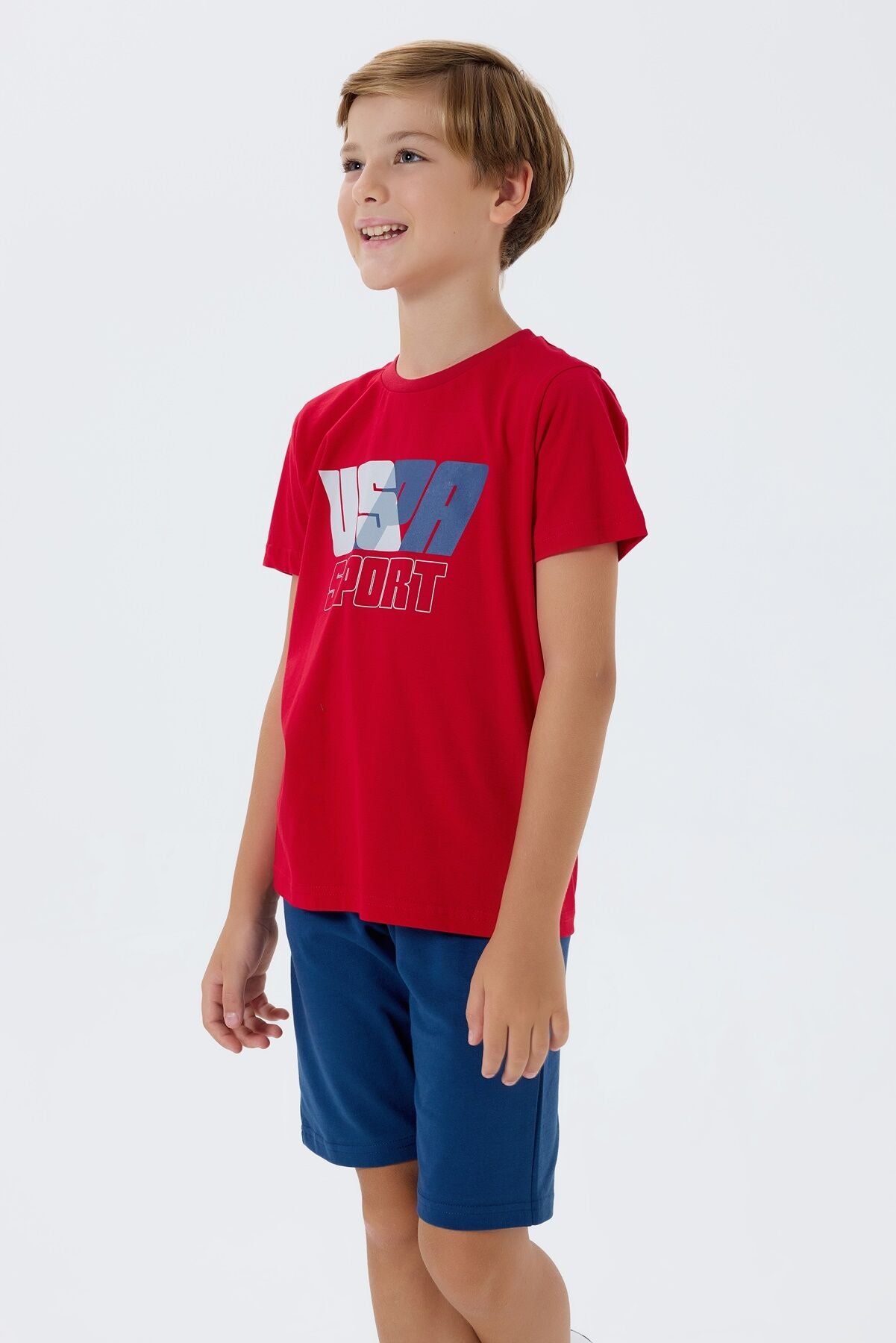 U.S. Polo Assn. Erkek Çocuk Bisiklet Yaka Nakışlı Yazlık Regular Fit Kırmızı Bermuda Takım US2432-C-V3