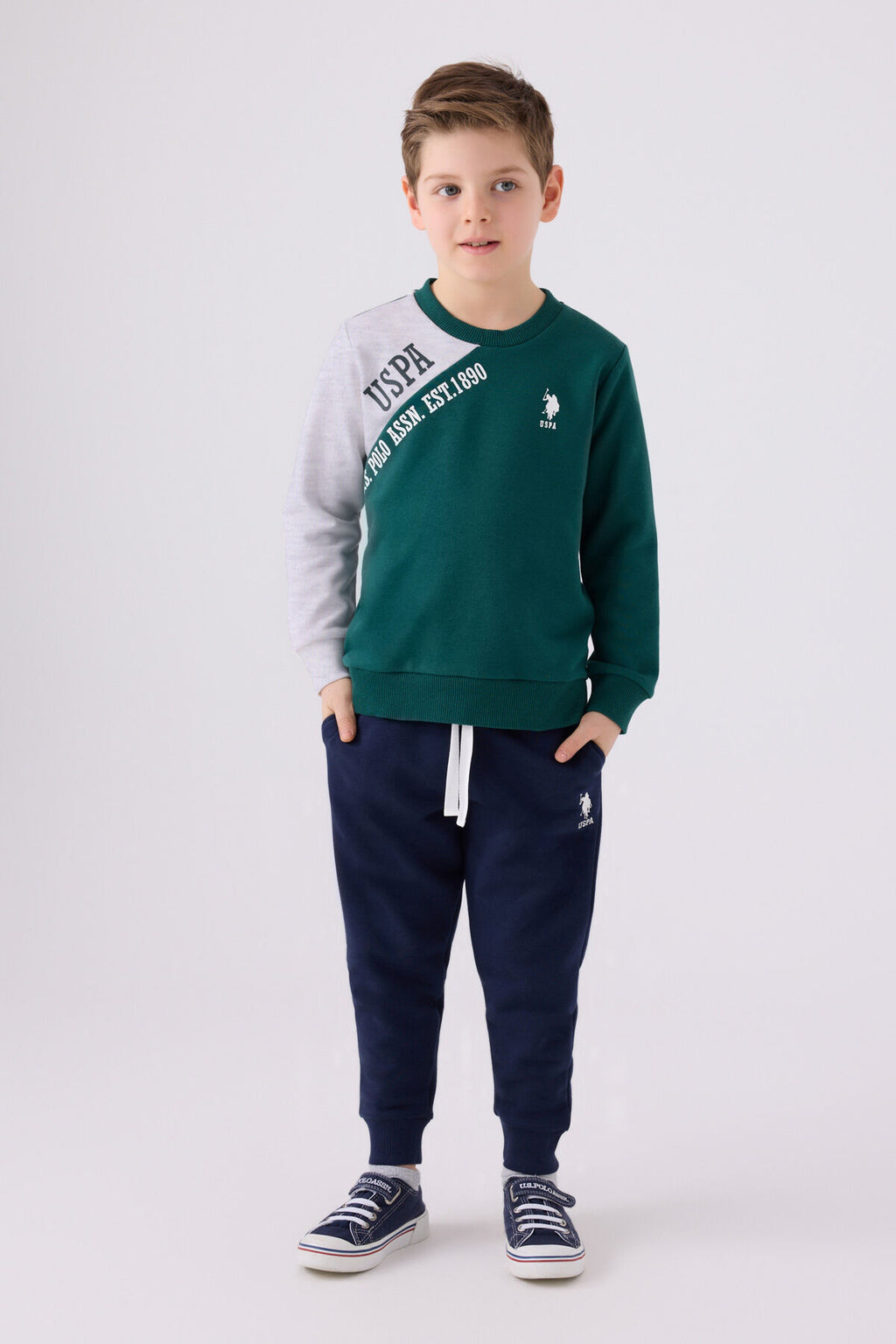 U.S. Polo Assn. Erkek Çocuk Bisiklet Yaka Empirme Baskılı Kışlık Regular Fit Yeşil Eşofman Takımı US1921-C-V1