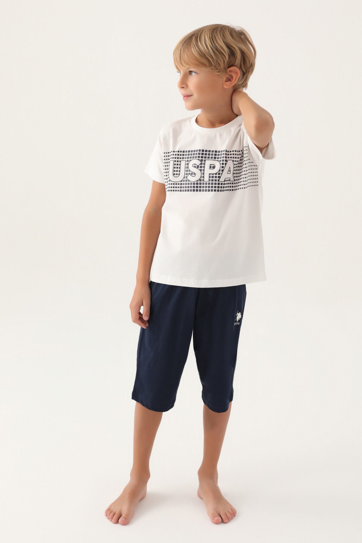 U.S. Polo Assn. Erkek Çocuk Bisiklet Yaka Pigment Baskılı Yazlık Regular Fit Beyaz Kapri Takım US1714-C-V1 Ürün ana görseli