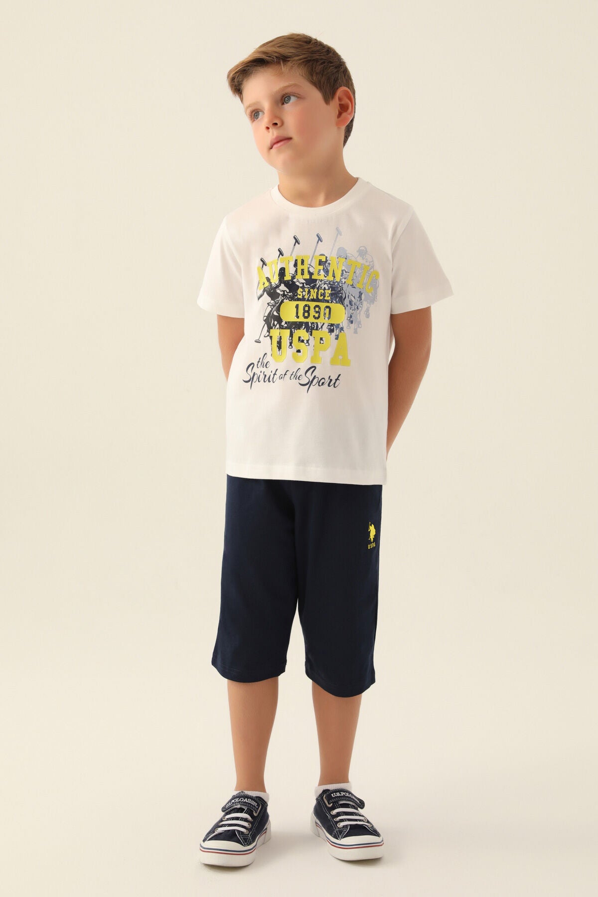 U.S. Polo Assn. Erkek Çocuk Bisiklet Yaka Pigment Baskılı Yazlık Regular Fit Krem Kapri Takım US1743-C-V1 Ürün ana görseli