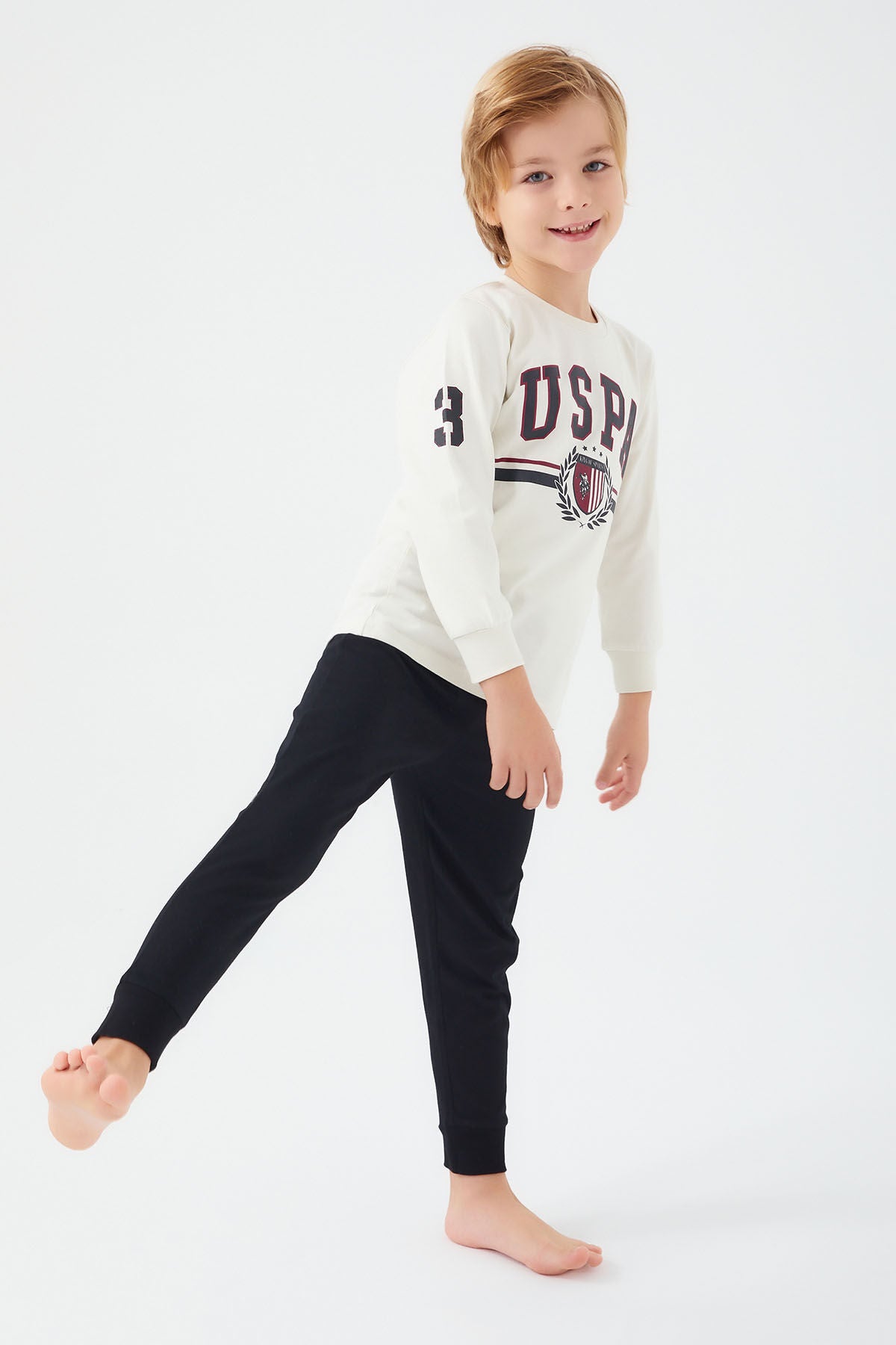 U.S. Polo Assn. Erkek Çocuk Pamuklu Bisiklet Yaka Pigment Baskılı Kışlık Regular Fit Beyaz Pijama Takımı US1191-C-V4 Ürün ikincil görseli