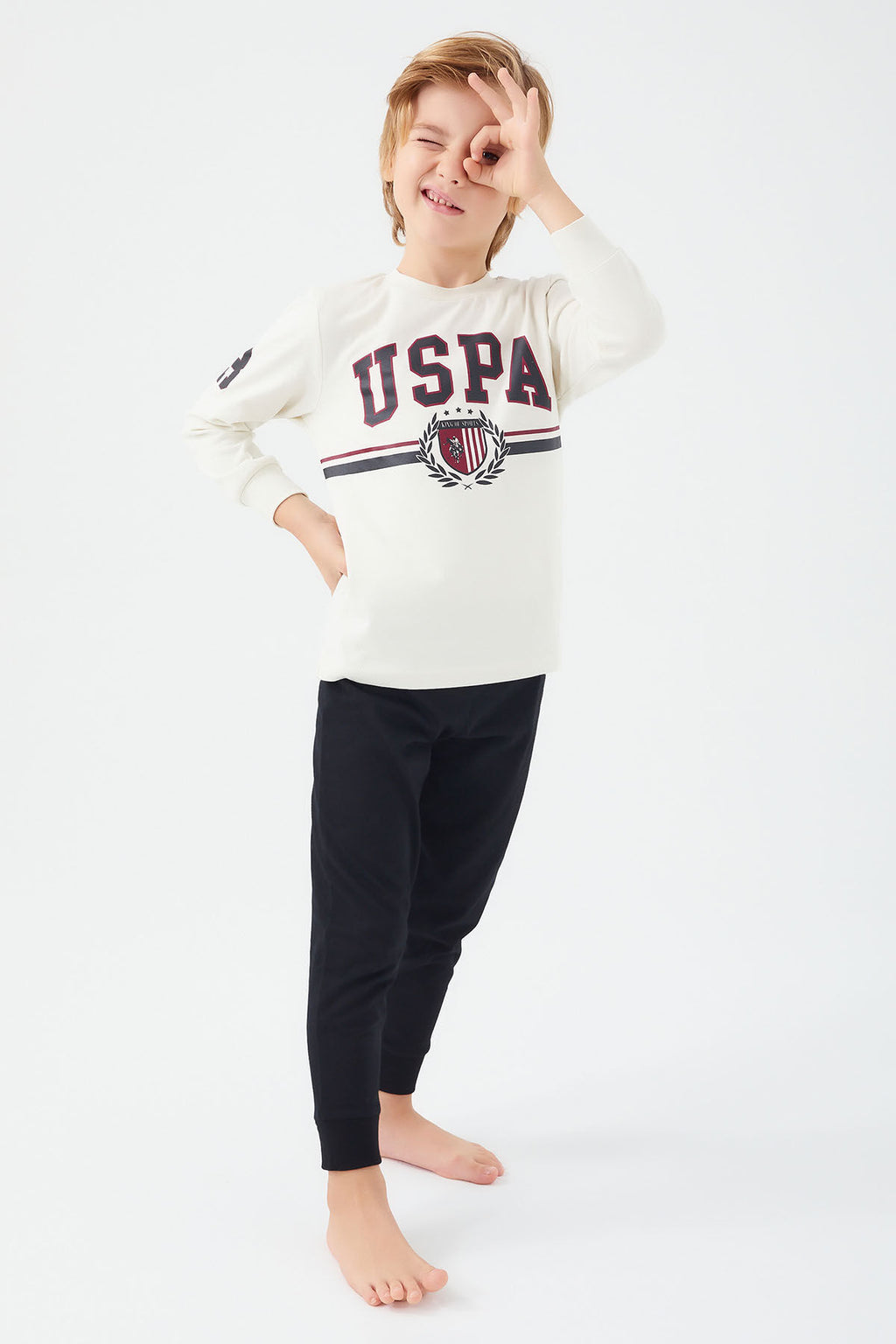 U.S. Polo Assn. Erkek Çocuk Pamuklu Bisiklet Yaka Pigment Baskılı Kışlık Regular Fit Beyaz Pijama Takımı US1191-C-V4