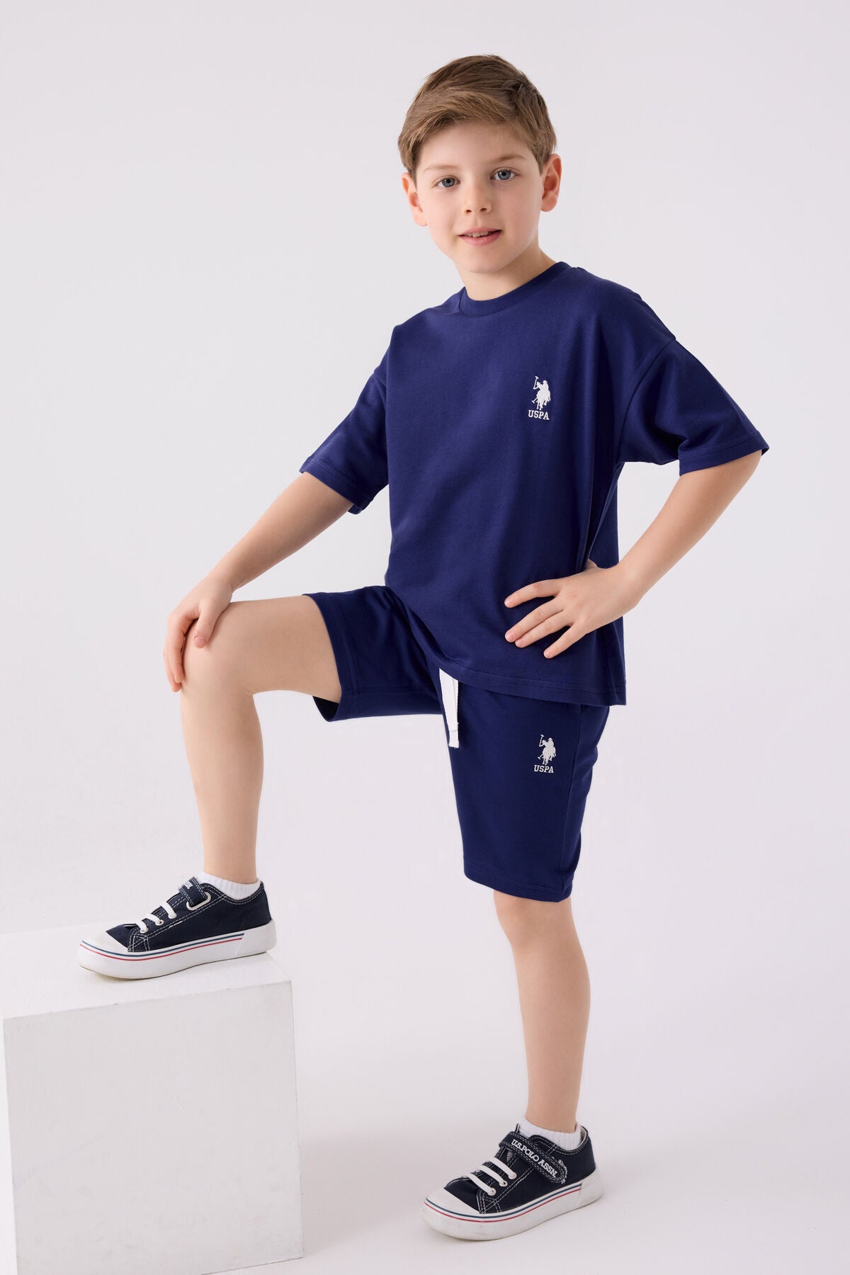 U.S. Polo Assn. Erkek Çocuk Bisiklet Yaka Sargı Nakışlı Yazlık Regular Fit Lacivert Bermuda Takım US1780-C-V10