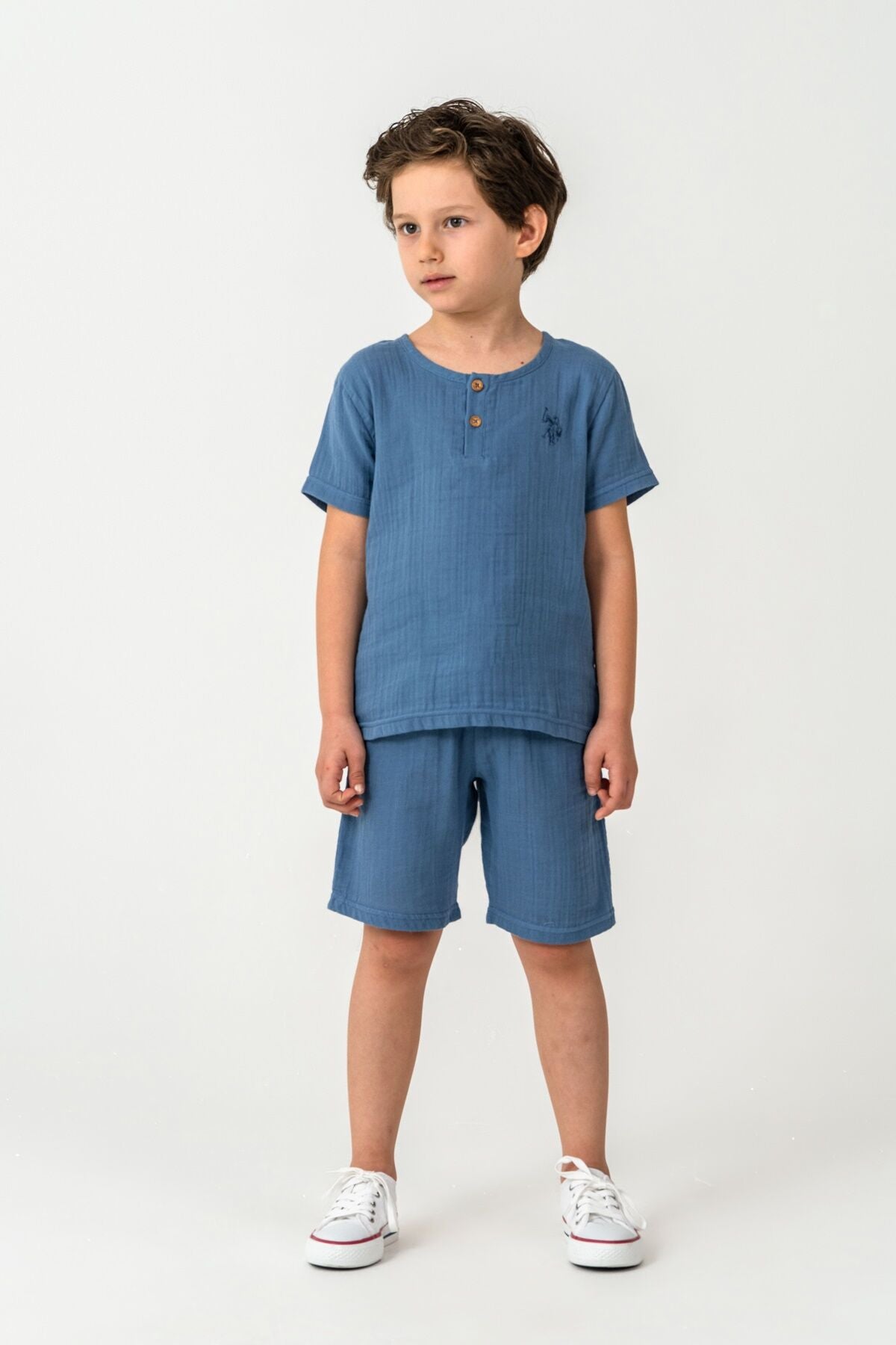 U.S. Polo Assn. Erkek Çocuk Bisiklet Yaka Nakışlı Yazlık Regular Fit Mavi Bermuda Takım US2439-C-V1 Ürün ana görseli