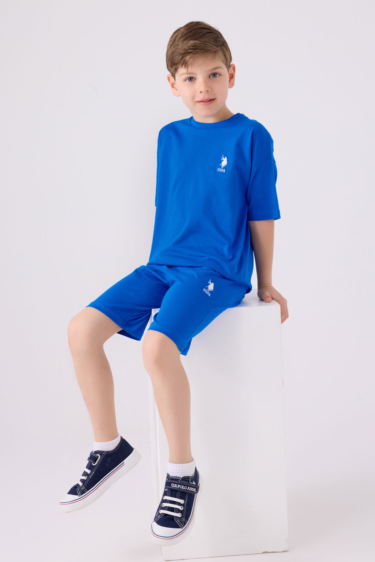U.S. Polo Assn. Erkek Çocuk Bisiklet Yaka Sargı Nakışlı Yazlık Regular Fit Mavi Bermuda Takım US1779-C-V2