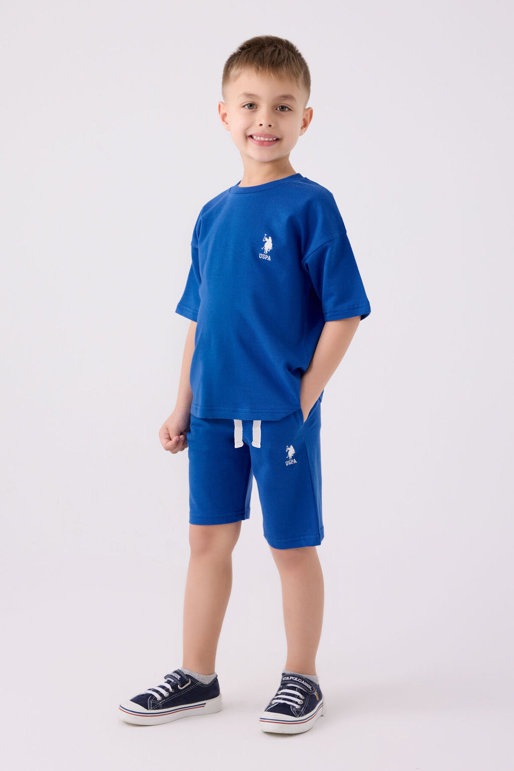 U.S. Polo Assn. Erkek Çocuk Bisiklet Yaka Pigment Baskılı Yazlık Regular Fit Mavi Bermuda Takım US1780-C-V3