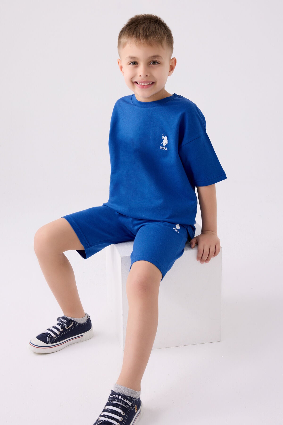 U.S. Polo Assn. Erkek Çocuk Bisiklet Yaka Pigment Baskılı Yazlık Regular Fit Mavi Bermuda Takım US1780-C-V3