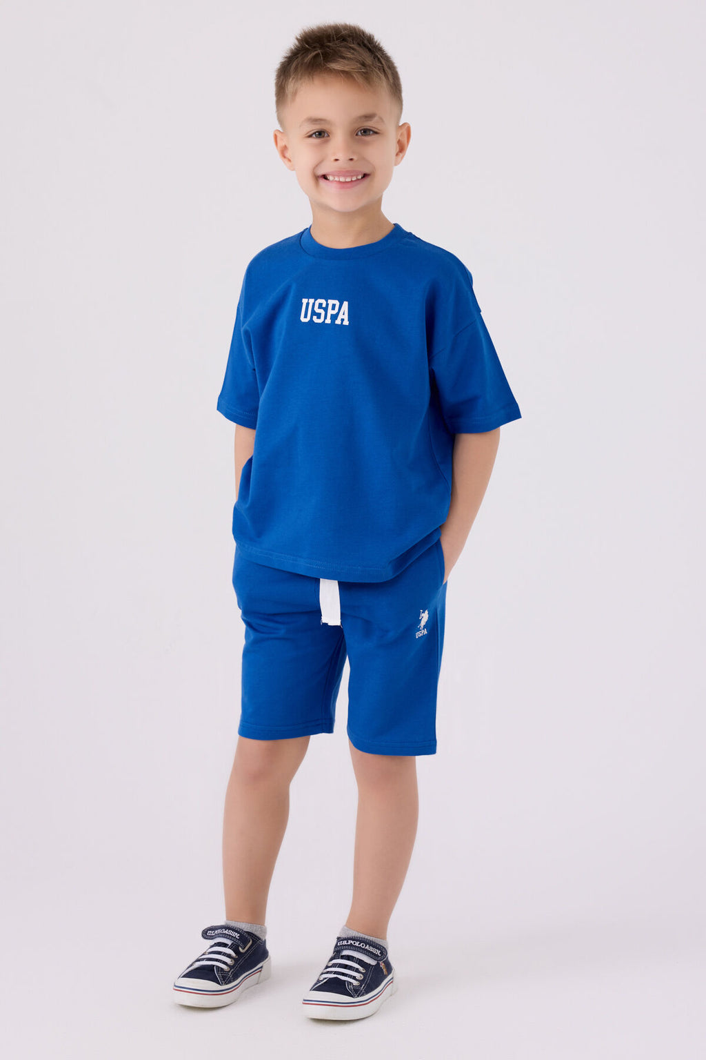 U.S. Polo Assn. Erkek Çocuk Bisiklet Yaka Pigment Baskılı Yazlık Regular Fit Mavi Bermuda Takım US1781-C-V7