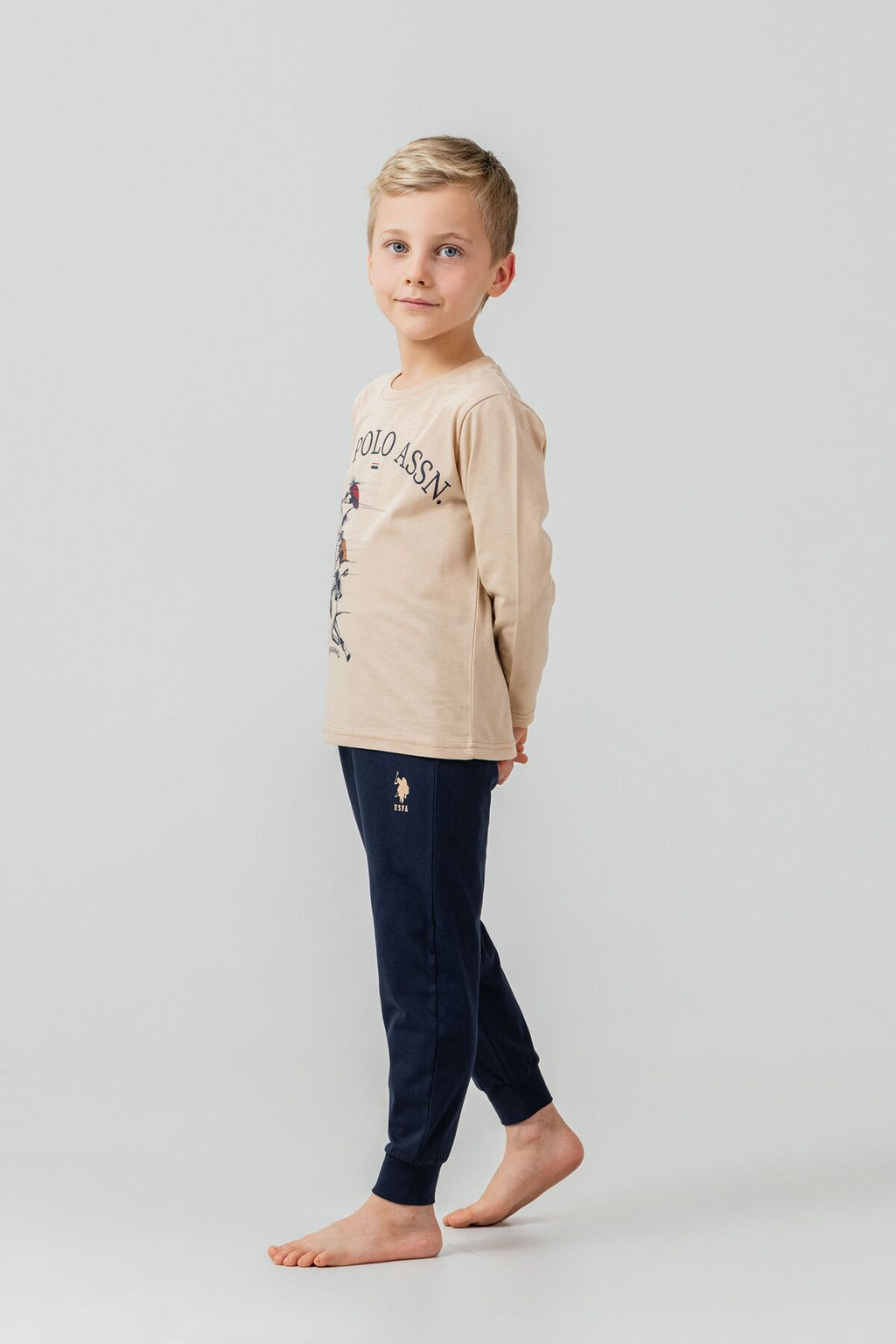 U.S. Polo Assn. Erkek Çocuk Pijama Takımı Baskılı Krem Uzun Kol Pijama Takımı US2637-C-V1