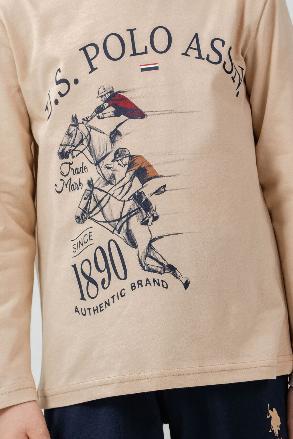 U.S. Polo Assn. Erkek Çocuk Pijama Takımı Baskılı Krem Uzun Kol Pijama Takımı US2637-C-V1