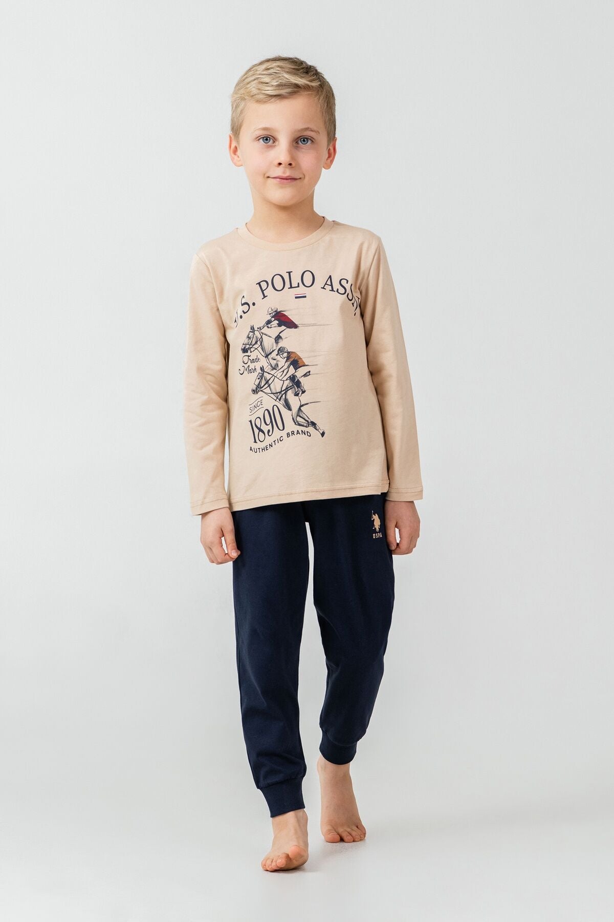 U.S. Polo Assn. Erkek Çocuk Pijama Takımı Baskılı Krem Uzun Kol Pijama Takımı US2637-C-V1 Ürün ana görseli