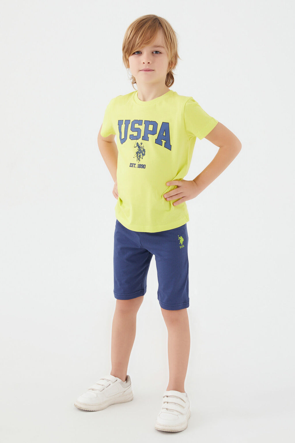 U.S. Polo Assn. Erkek Çocuk Bisiklet Yaka Pigment Baskılı Yazlık Regular Fit Sarı Bermuda Takım US1368-C-V4
