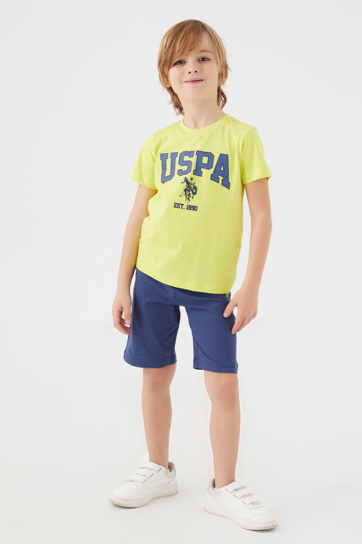 U.S. Polo Assn. Erkek Çocuk Bisiklet Yaka Pigment Baskılı Yazlık Regular Fit Sarı Bermuda Takım US1368-C-V4