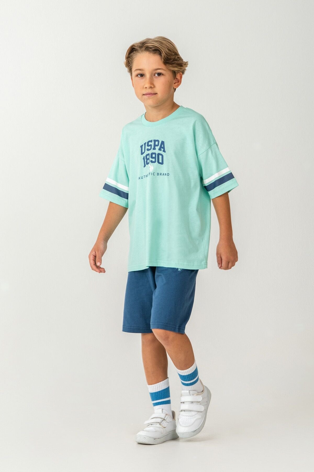 U.S. Polo Assn. Erkek Çocuk Bisiklet Yaka Nakışlı Yazlık Regular Fit Yeşil Bermuda Takım US2414-C-V2