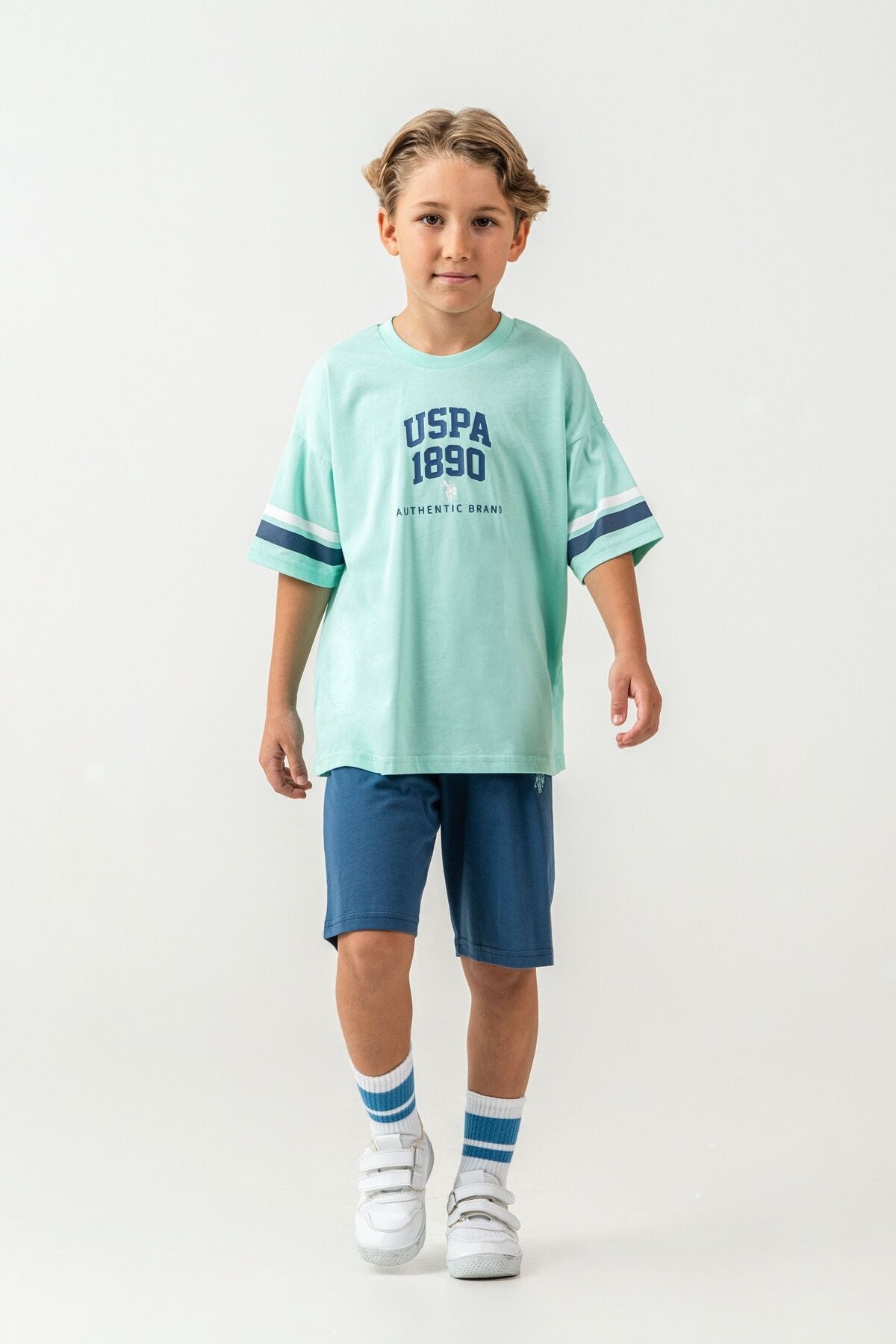 U.S. Polo Assn. Erkek Çocuk Bisiklet Yaka Nakışlı Yazlık Regular Fit Yeşil Bermuda Takım US2414-C-V2