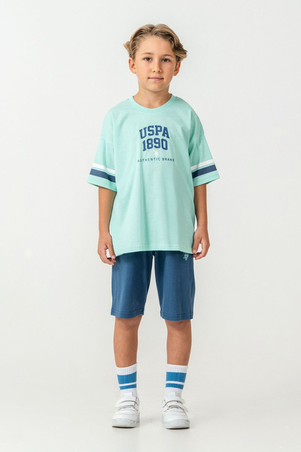 U.S. Polo Assn. Erkek Çocuk Bisiklet Yaka Nakışlı Yazlık Regular Fit Yeşil Bermuda Takım US2414-C-V2