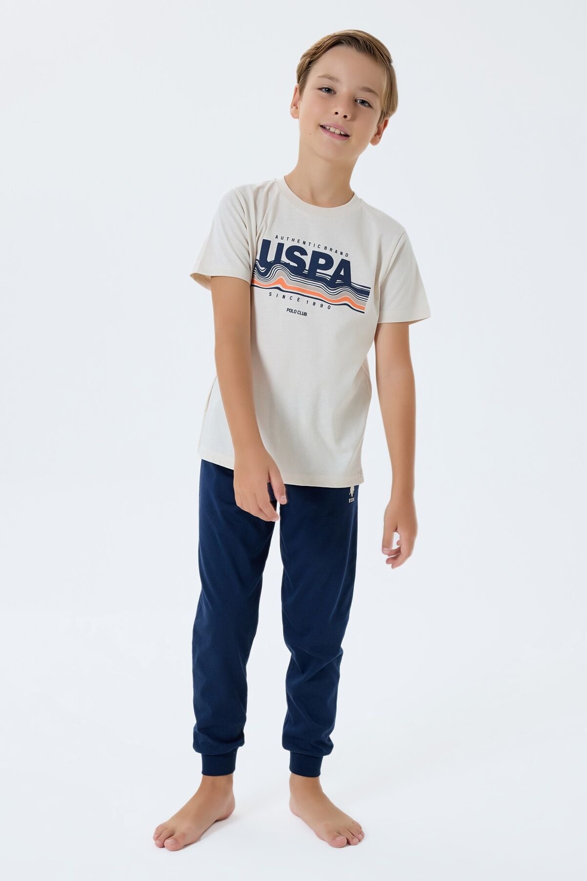 U.S. Polo Assn. Erkek Çocuk Bisiklet Yaka Nakışlı Yazlık Regular Fit Krem Pijama Takımı US2422-C-V1