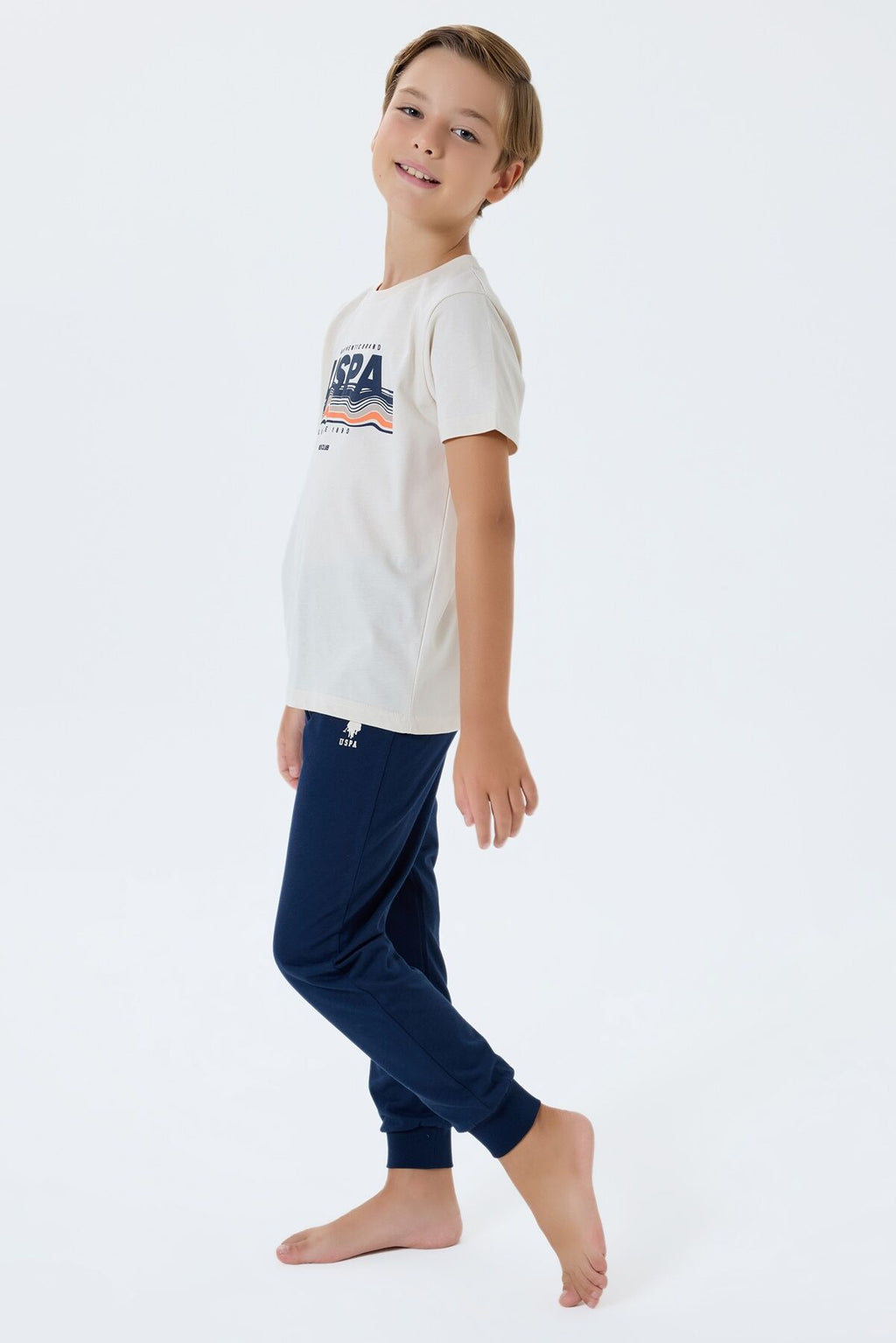U.S. Polo Assn. Erkek Çocuk Bisiklet Yaka Nakışlı Yazlık Regular Fit Krem Pijama Takımı US2422-C-V1