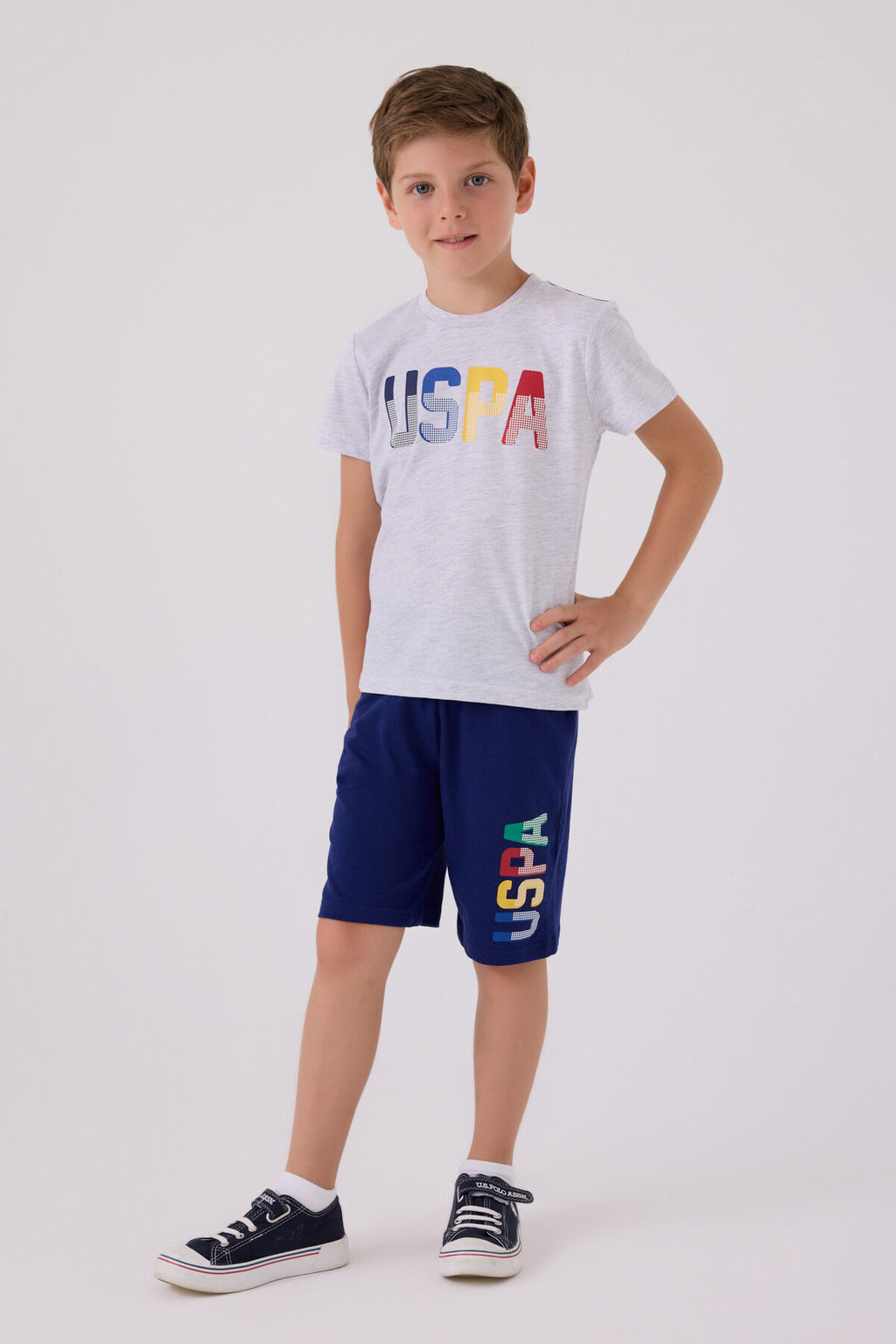 U.S. Polo Assn. Erkek Çocuk Bisiklet Yaka Pigment Baskılı Yazlık Regular Fit Gri Bermuda Takım US818-C-V4