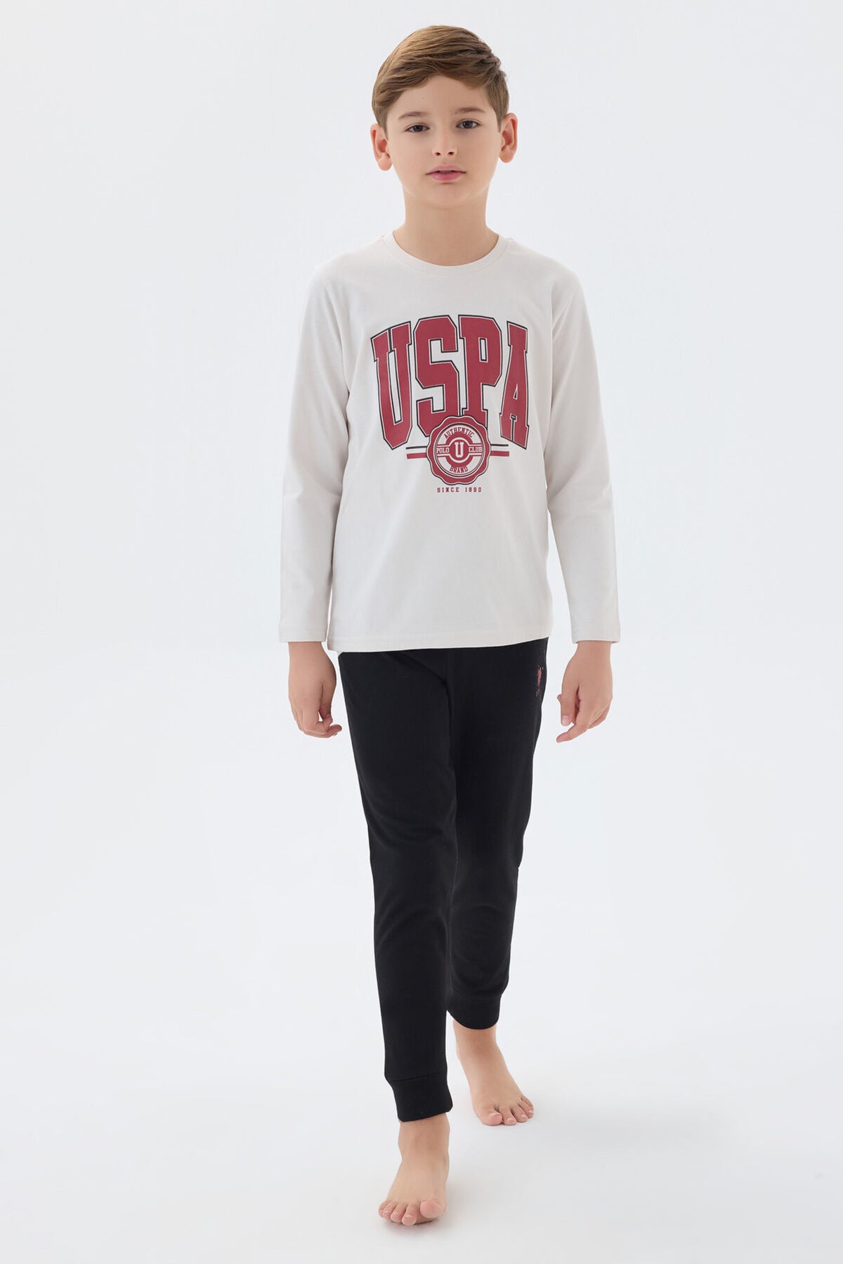 U.S. Polo Assn. Erkek Çocuk Bisiklet Yaka Pigment Baskılı Kışlık Regular Fit Beyaz Pijama Takımı US1578-C-V2