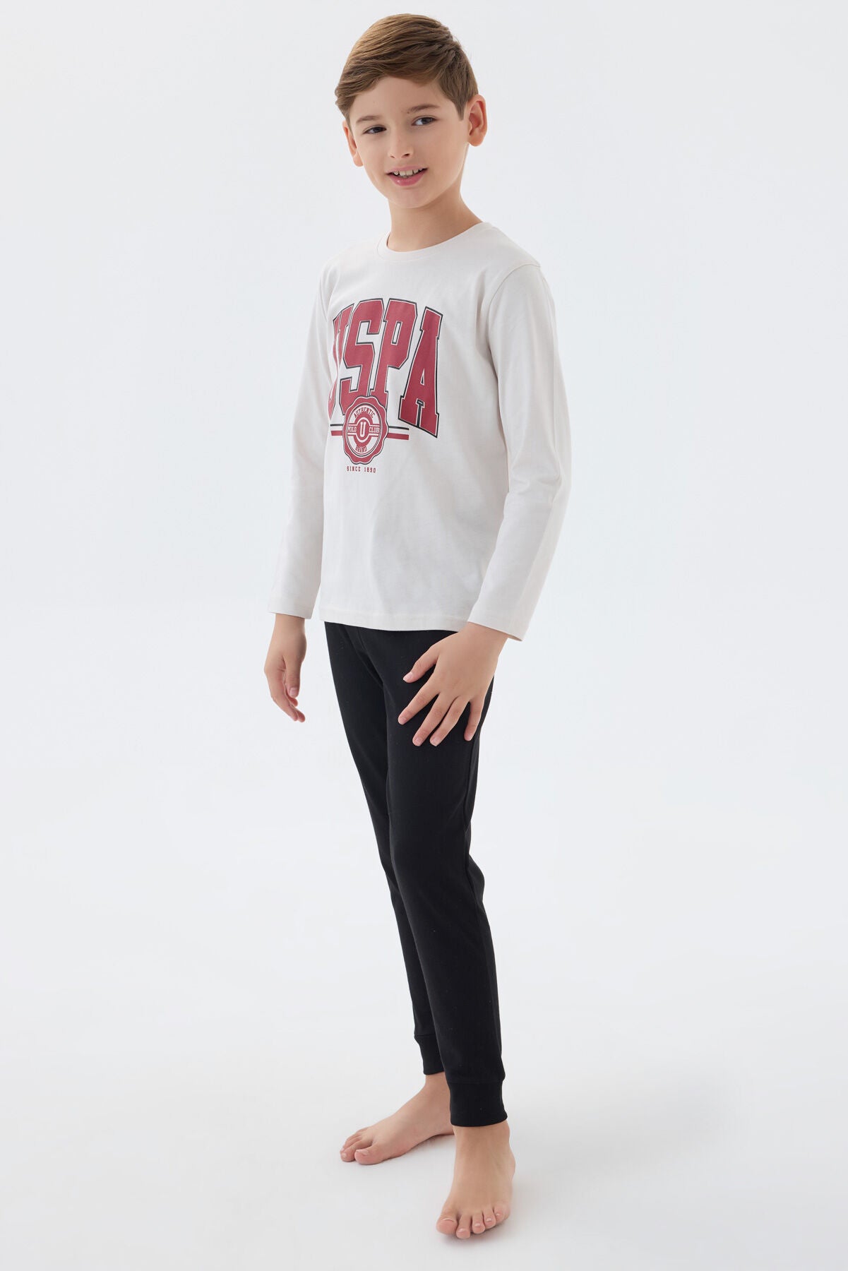 U.S. Polo Assn. Erkek Çocuk Bisiklet Yaka Pigment Baskılı Kışlık Regular Fit Beyaz Pijama Takımı US1578-C-V2 Ürün ana görseli