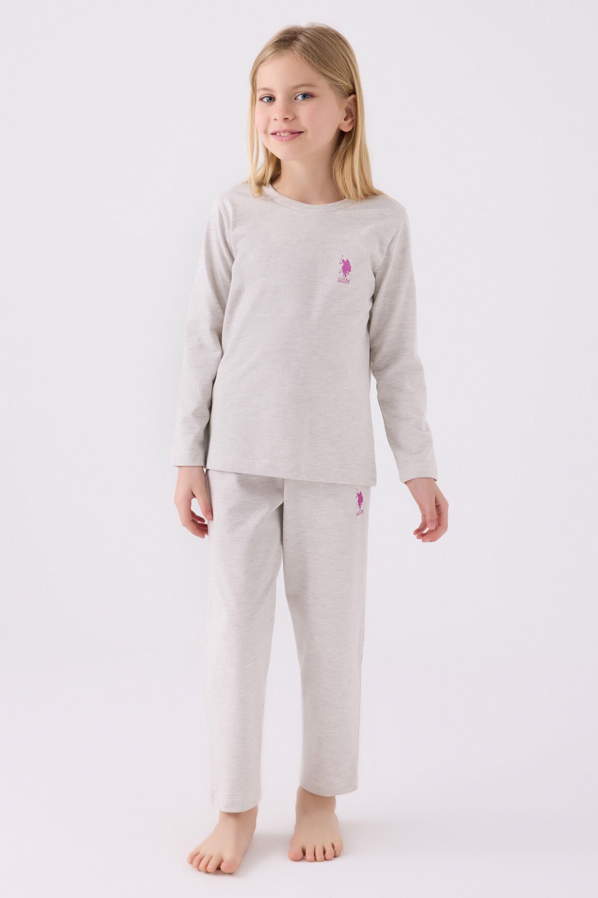U.S. Polo Assn. Kız Çocuk Bisiklet Yaka Pigment Baskılı Kışlık Regular Fit Gri Pijama Takımı US1668-C-V8