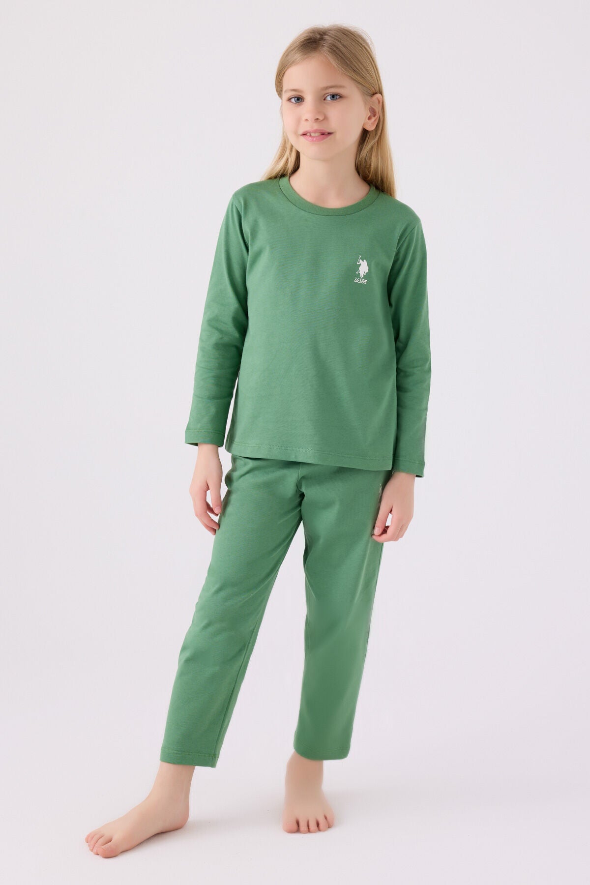 U.S. Polo Assn. Kız Çocuk Bisiklet Yaka Pigment Baskılı Kışlık Regular Fit Yeşil Pijama Takımı US1668-C-V3 Ürün ana görseli