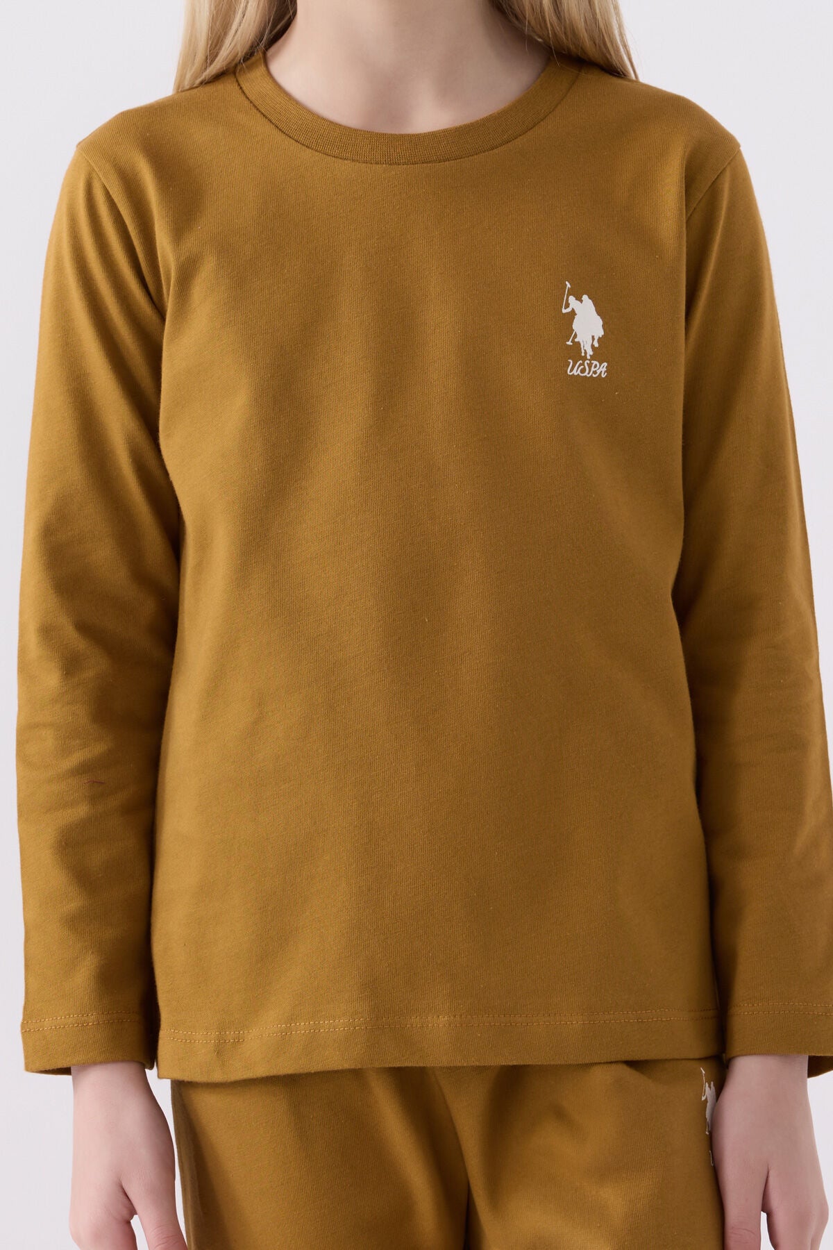 U.S. Polo Assn. Kız Çocuk Bisiklet Yaka Pigment Baskılı Kışlık Regular Fit Kahverengi Pijama Takımı US1668-C-V5