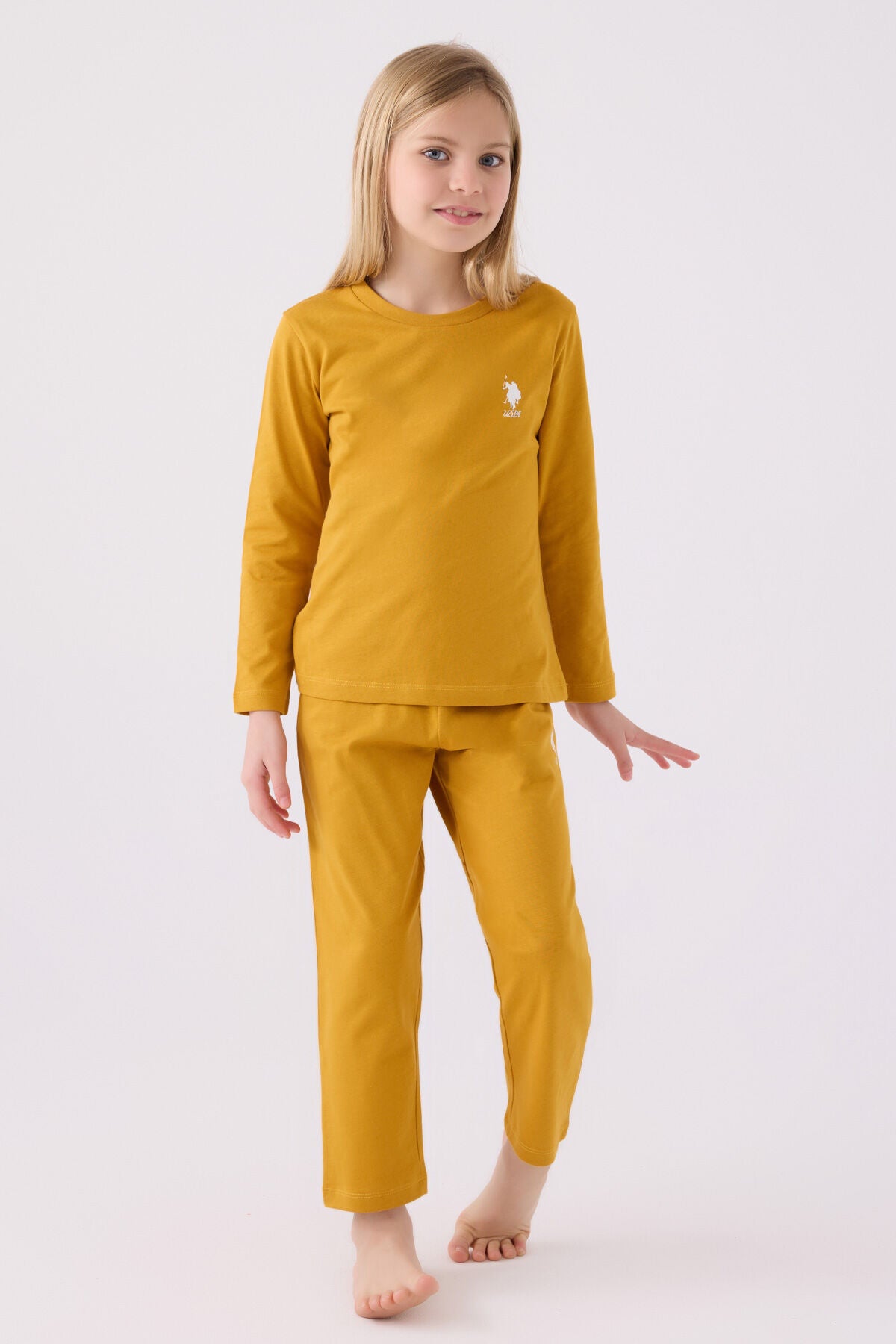 U.S. Polo Assn. Kız Çocuk Bisiklet Yaka Pigment Baskılı Kışlık Regular Fit Sarı Pijama Takımı US1668-C-V4 Ürün ana görseli