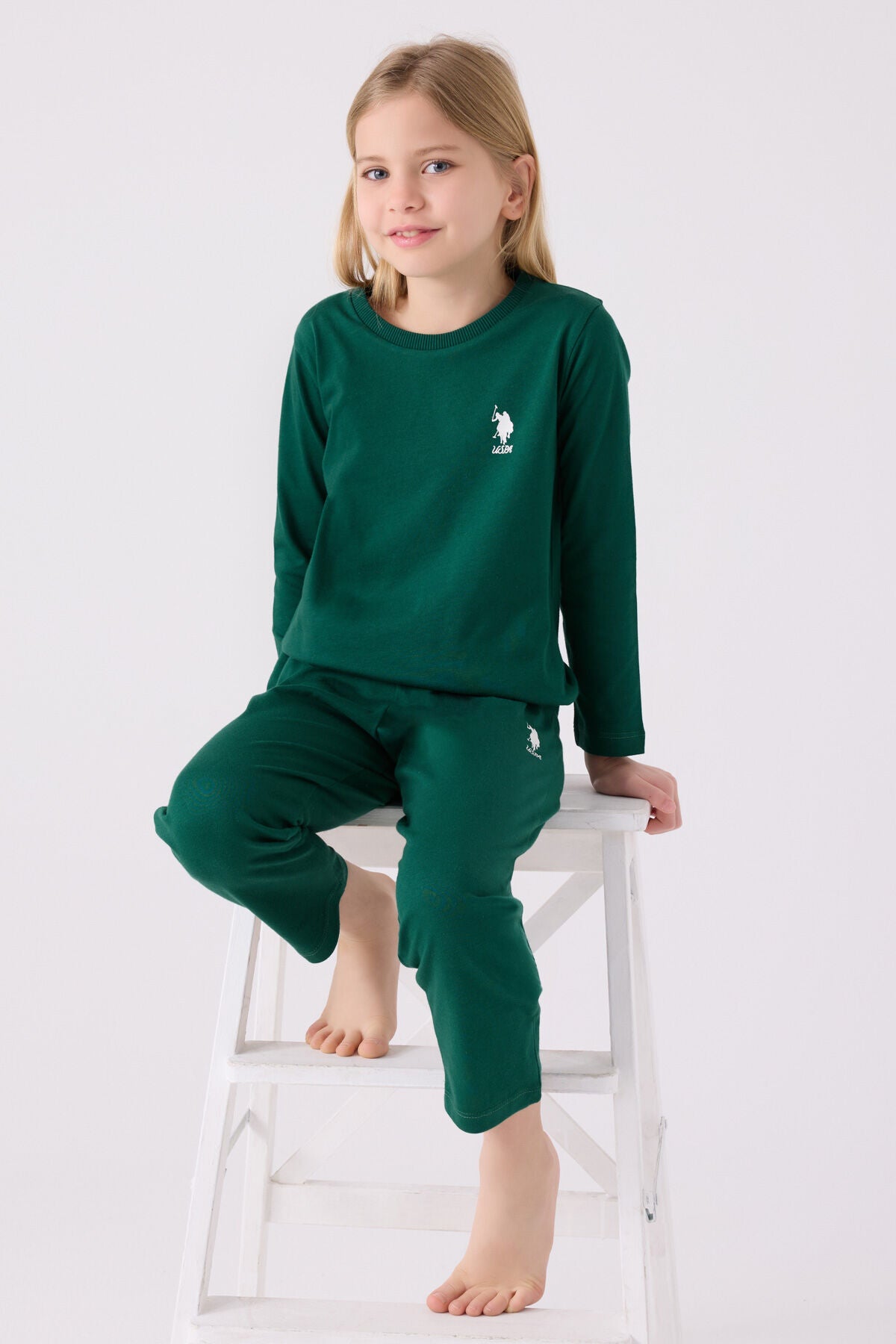 U.S. Polo Assn. Kız Çocuk Bisiklet Yaka Pigment Baskılı Kışlık Regular Fit Yeşil Pijama Takımı US1668-C-V6