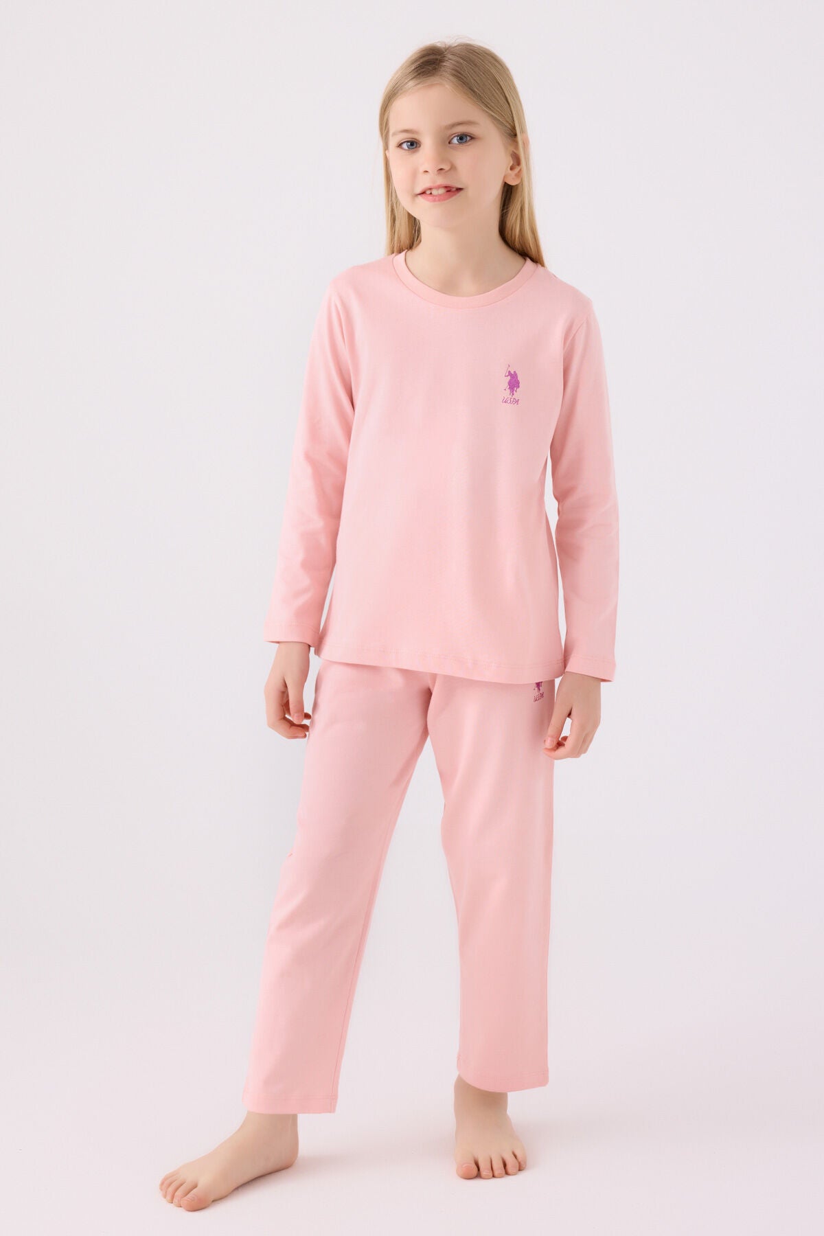 U.S. Polo Assn. Kız Çocuk Bisiklet Yaka Pigment Baskılı Kışlık Regular Fit Pembe Pijama Takımı US1668-C-V14 Ürün ana görseli