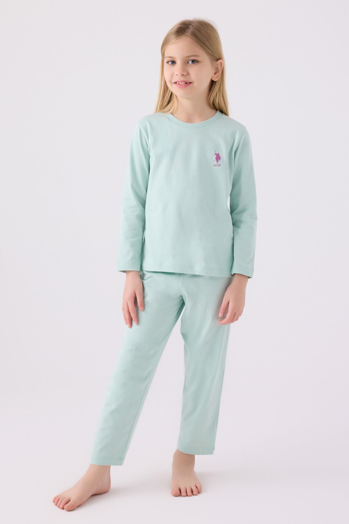 U.S. Polo Assn. Kız Çocuk Bisiklet Yaka Pigment Baskılı Kışlık Regular Fit Mavi Pijama Takımı US1668-C-V13