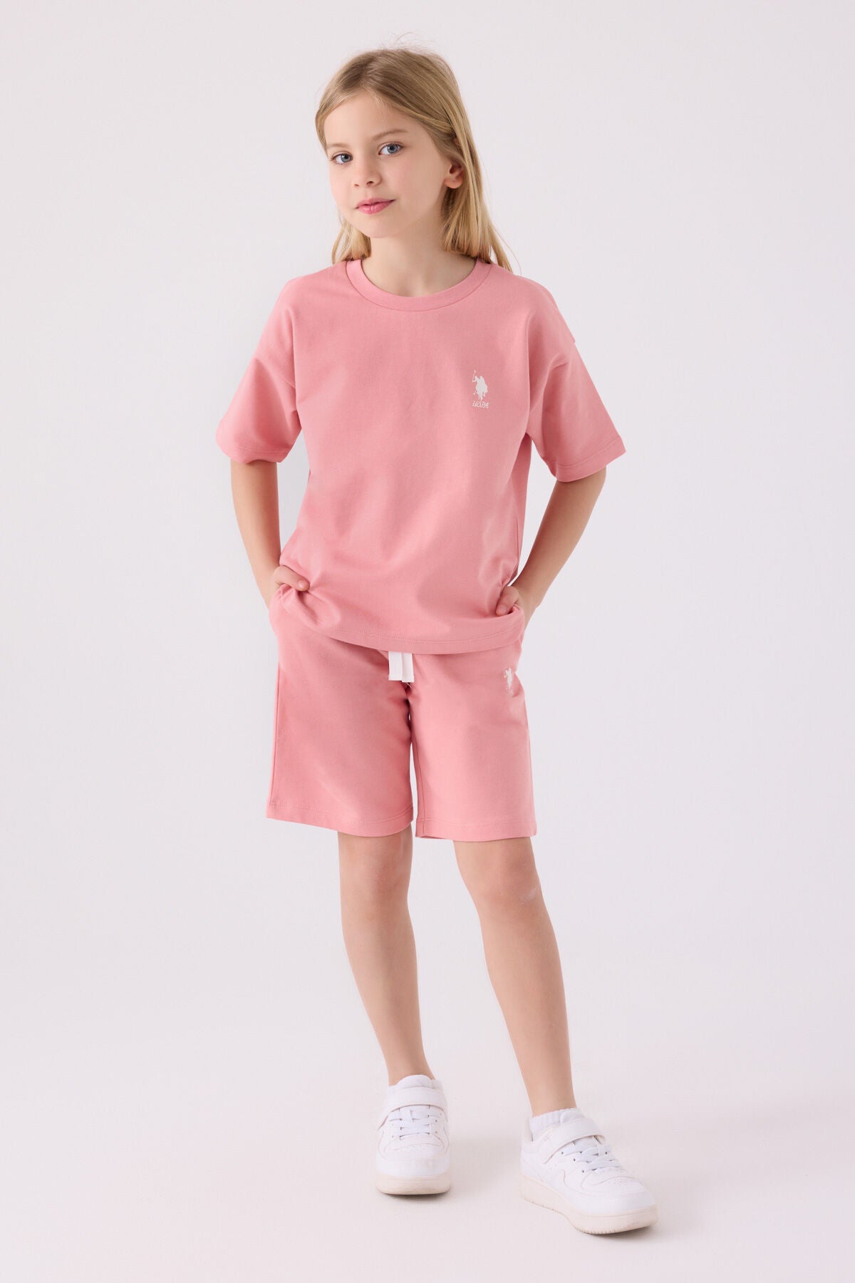 U.S. Polo Assn. Kız Çocuk Bisiklet Yaka Sargı Nakışlı Yazlık Regular Fit Pembe Bermuda Takım US1850-C-V1 Ürün ana görseli