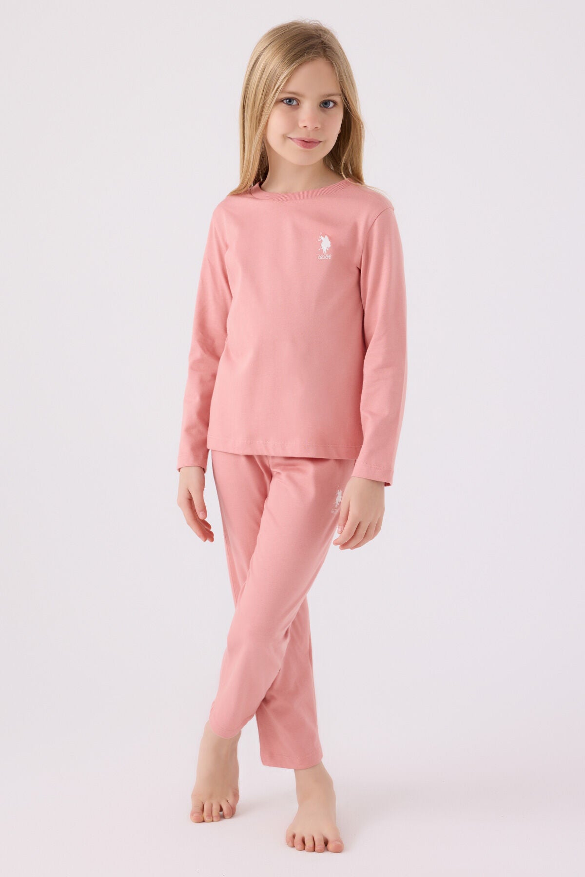 U.S. Polo Assn. Kız Çocuk Bisiklet Yaka Pigment Baskılı Kışlık Regular Fit Pembe Pijama Takımı US1668-C-V7