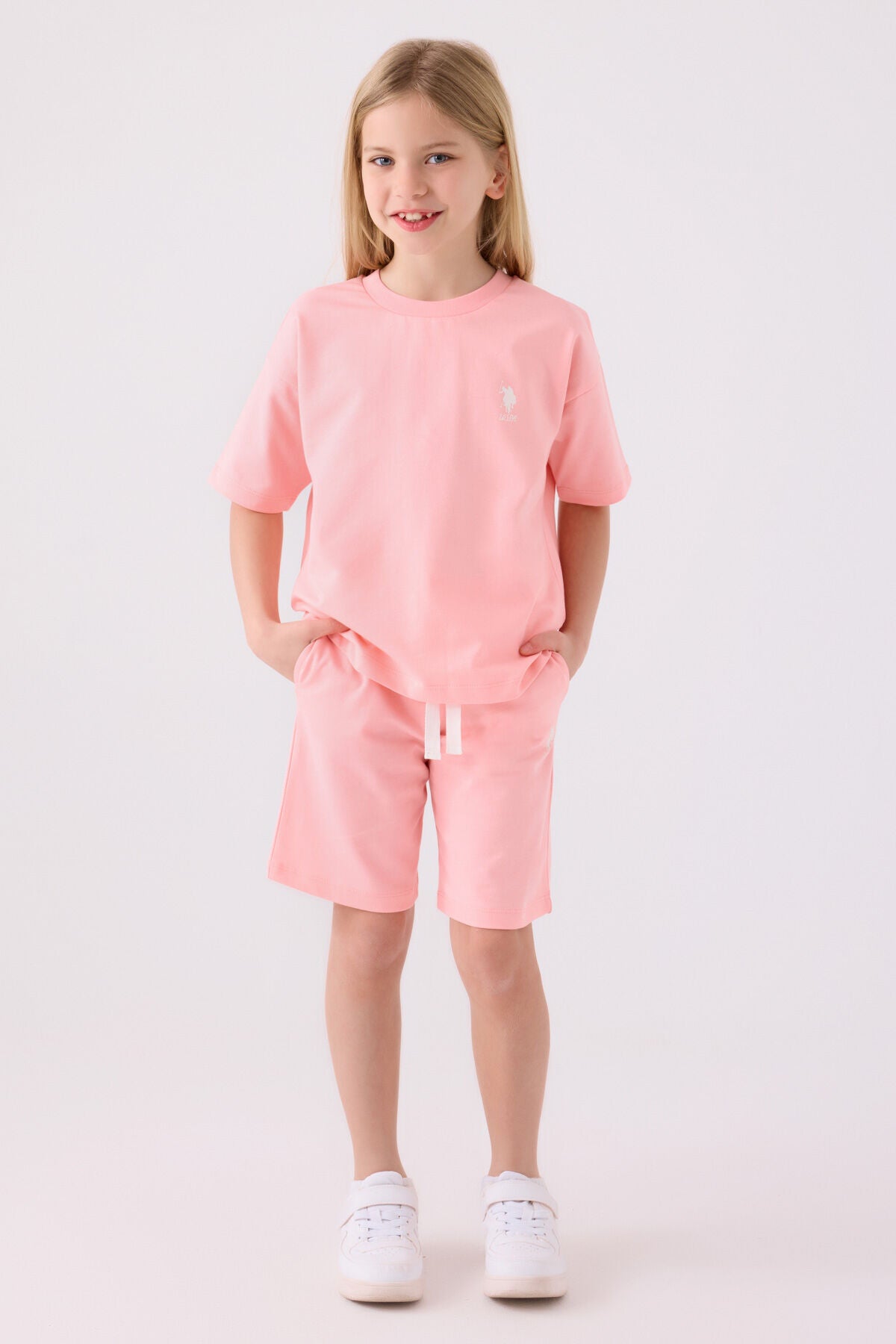 U.S. Polo Assn. Kız Çocuk Bisiklet Yaka Sargı Nakışlı Yazlık Regular Fit Pembe Bermuda Takım US1850-C-V14 Ürün ana görseli