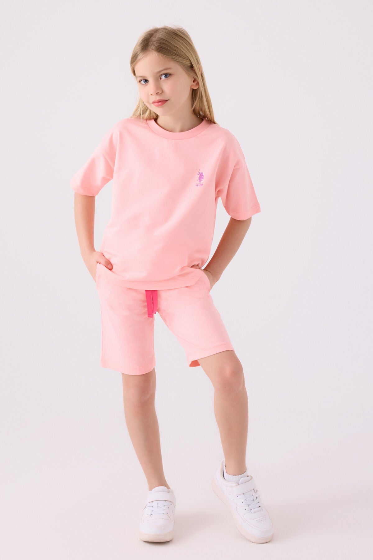 U.S. Polo Assn. Kız Çocuk Bisiklet Yaka Sargı Nakışlı Yazlık Regular Fit Pembe Bermuda Takım US1850-C-V3 Ürün ana görseli