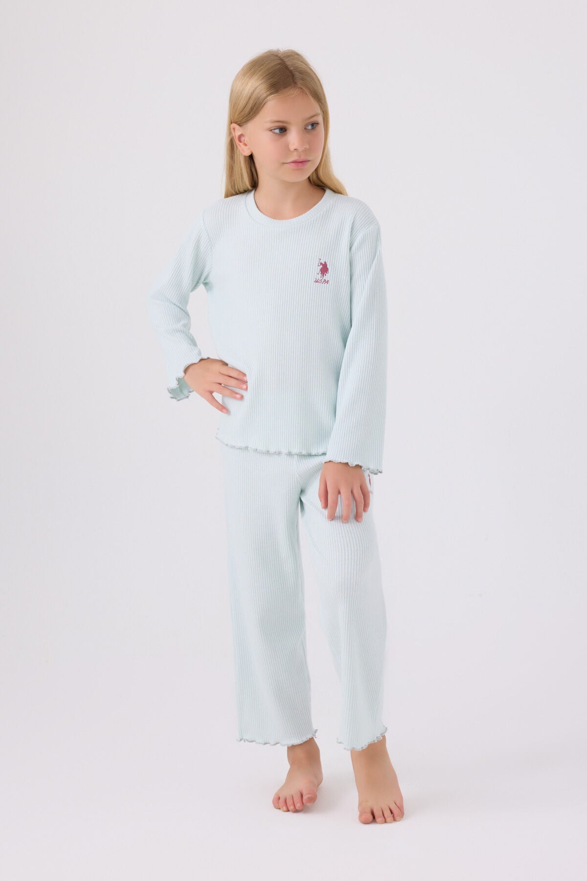 U.S. Polo Assn. Kız Çocuk Bisiklet Yaka Pigment Baskılı Kışlık Regular Fit Mavi Pijama Takımı US1986-C-V4 Ürün ana görseli