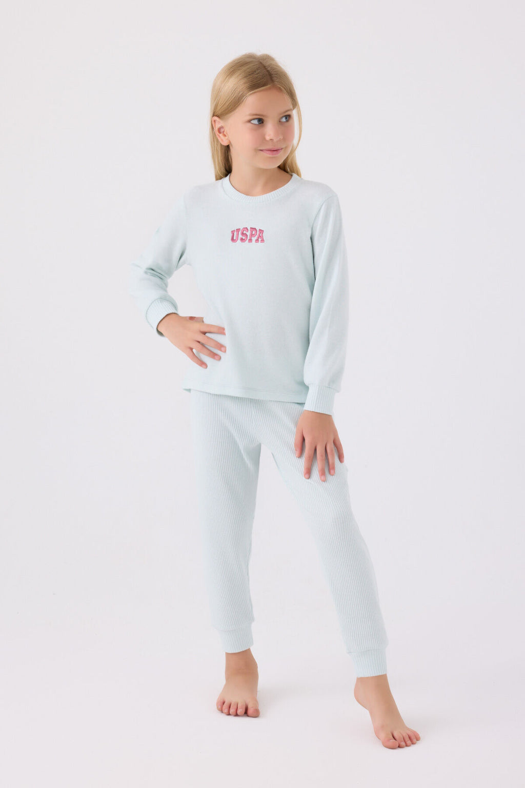 U.S. Polo Assn. Kız Çocuk Bisiklet Yaka Pigment Baskılı Kışlık Regular Fit Mavi Pijama Takımı US1987-C-V4