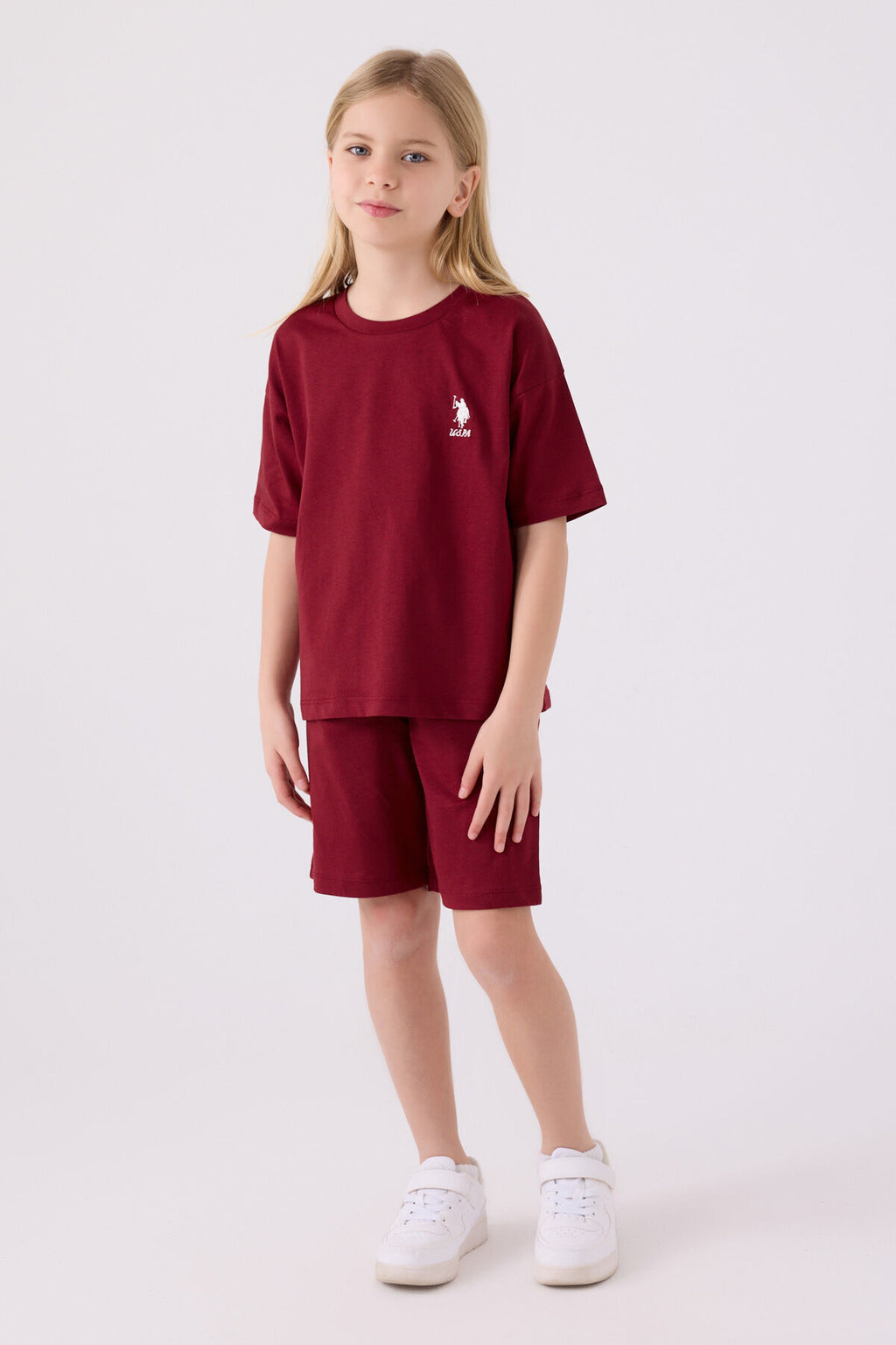 U.S. Polo Assn. Kız Çocuk Bisiklet Yaka Sargı Nakışlı Yazlık Regular Fit Bordo Bermuda Takım US1848-C-V22