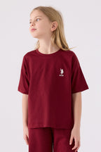 U.S. Polo Assn. Kız Çocuk Bisiklet Yaka Sargı Nakışlı Yazlık Regular Fit Bordo Bermuda Takım US1848-C-V22