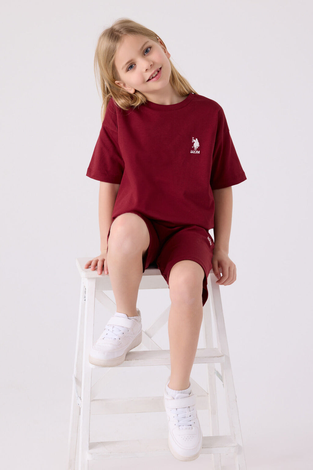 U.S. Polo Assn. Kız Çocuk Bisiklet Yaka Sargı Nakışlı Yazlık Regular Fit Bordo Bermuda Takım US1848-C-V22