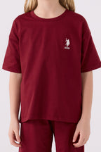 U.S. Polo Assn. Kız Çocuk Bisiklet Yaka Sargı Nakışlı Yazlık Regular Fit Bordo Bermuda Takım US1848-C-V22