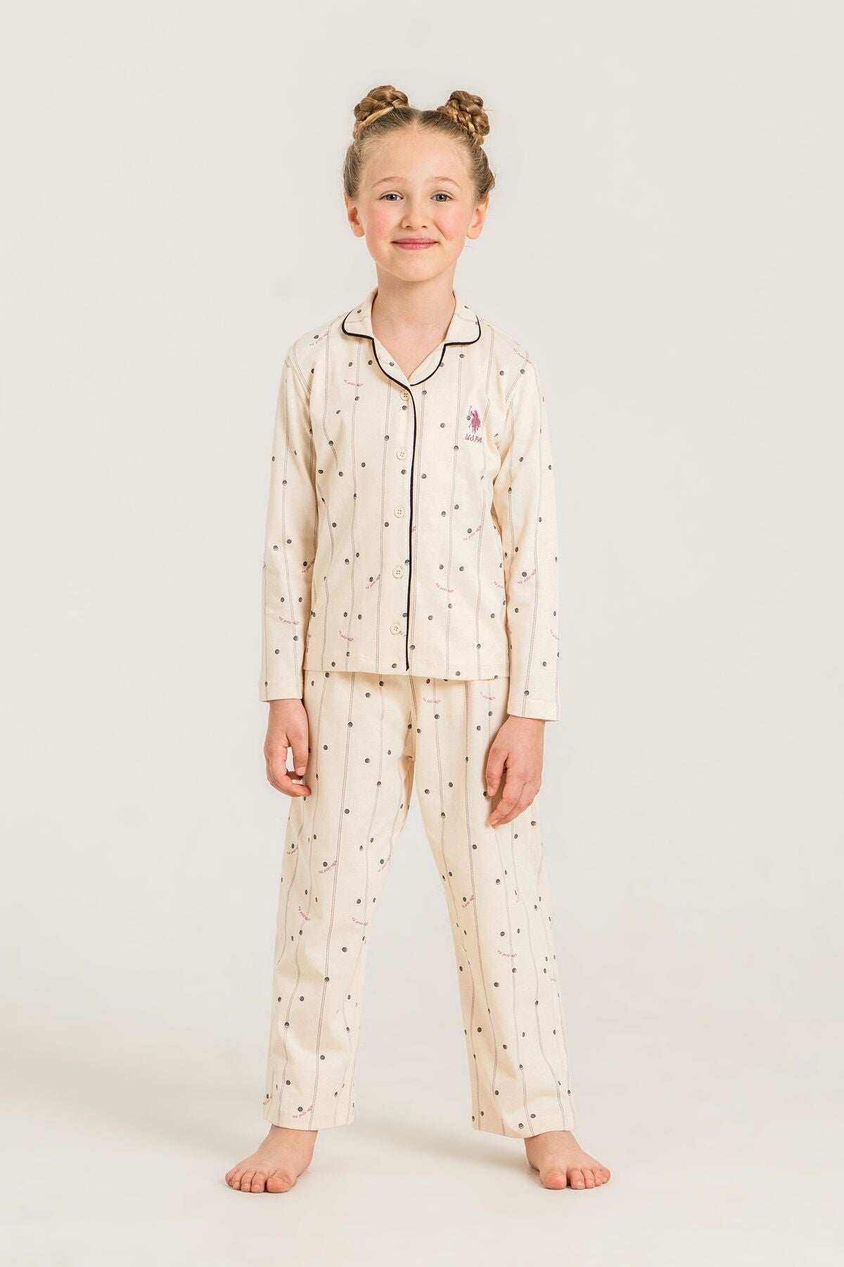 U.S. Polo Assn. Kız Çocuk Gömlek Pijama Takımı Nakışlı Krem Uzun Kol Pijama Takımı US2726-C-V1
