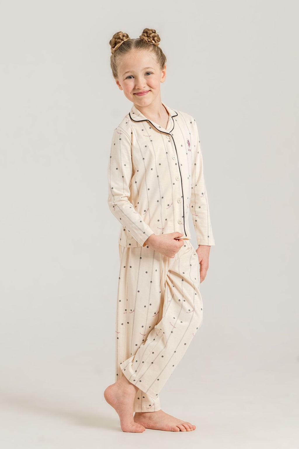 U.S. Polo Assn. Kız Çocuk Gömlek Pijama Takımı Nakışlı Krem Uzun Kol Pijama Takımı US2726-C-V1