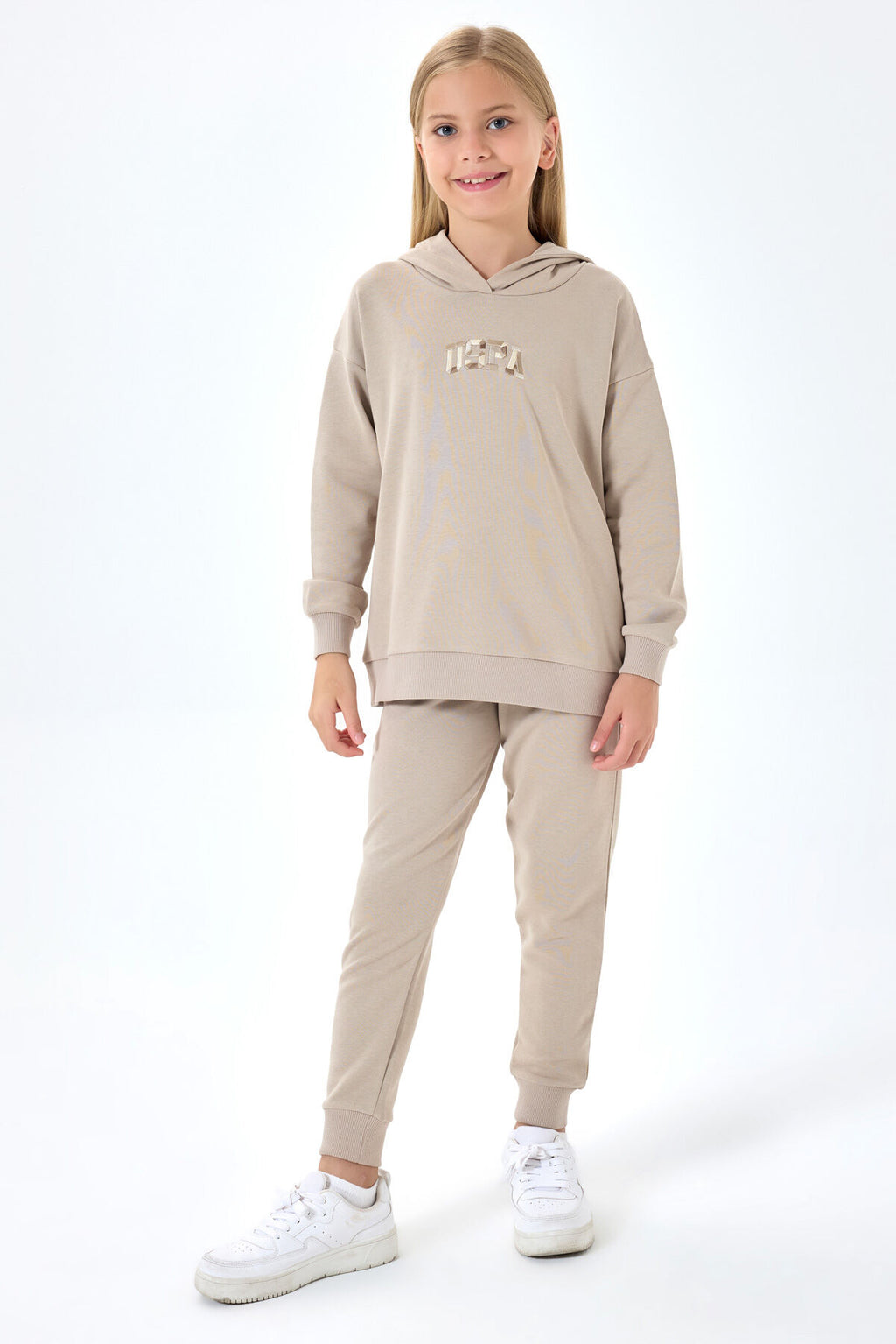 U.S. Polo Assn. Kız Çocuk Kapüşonlu Sargı Nakışlı Kışlık Regular Fit Krem Eşofman Takımı US1662-C-V3