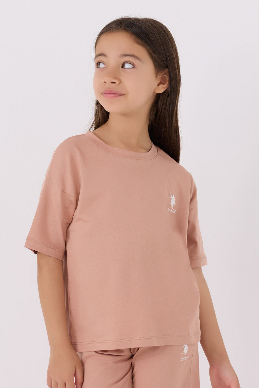 U.S. Polo Assn. Kız Çocuk Bisiklet Yaka Sargı Nakışlı Yazlık Regular Fit Pembe Bermuda Takım US1848-C-V14