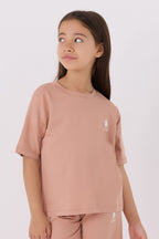 U.S. Polo Assn. Kız Çocuk Bisiklet Yaka Sargı Nakışlı Yazlık Regular Fit Pembe Bermuda Takım US1848-C-V14