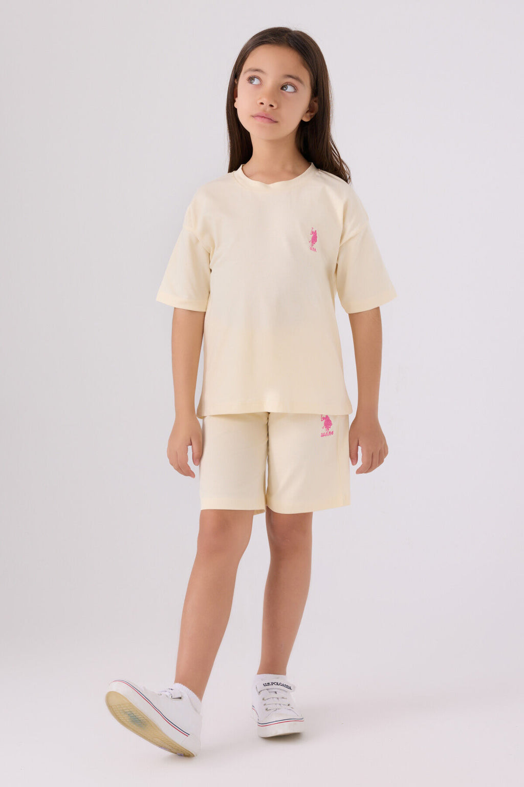 U.S. Polo Assn. Kız Çocuk Bisiklet Yaka Sargı Nakışlı Yazlık Regular Fit Sarı Bermuda Takım US1848-C-V20