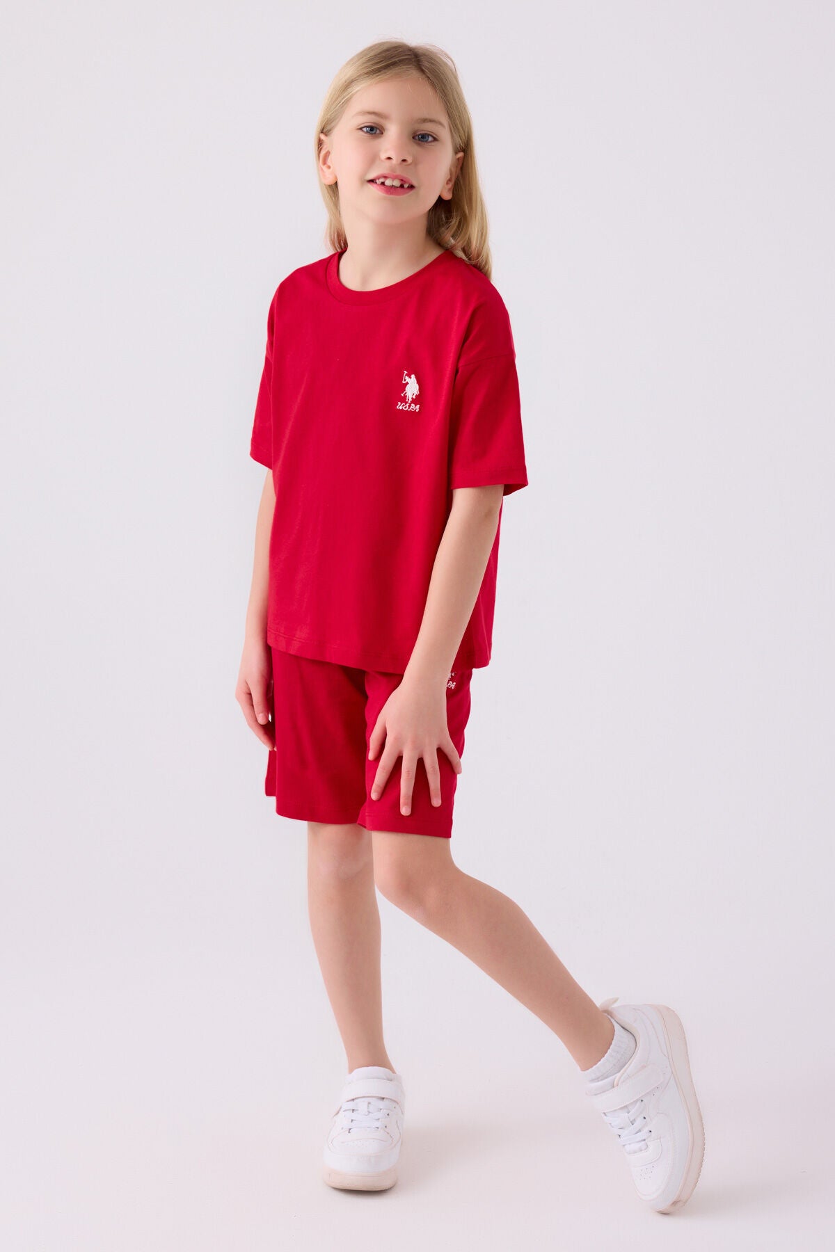 U.S. Polo Assn. Kız Çocuk Bisiklet Yaka Sargı Nakışlı Yazlık Regular Fit Kırmızı Bermuda Takım US1848-C-V29 Ürün ana görseli